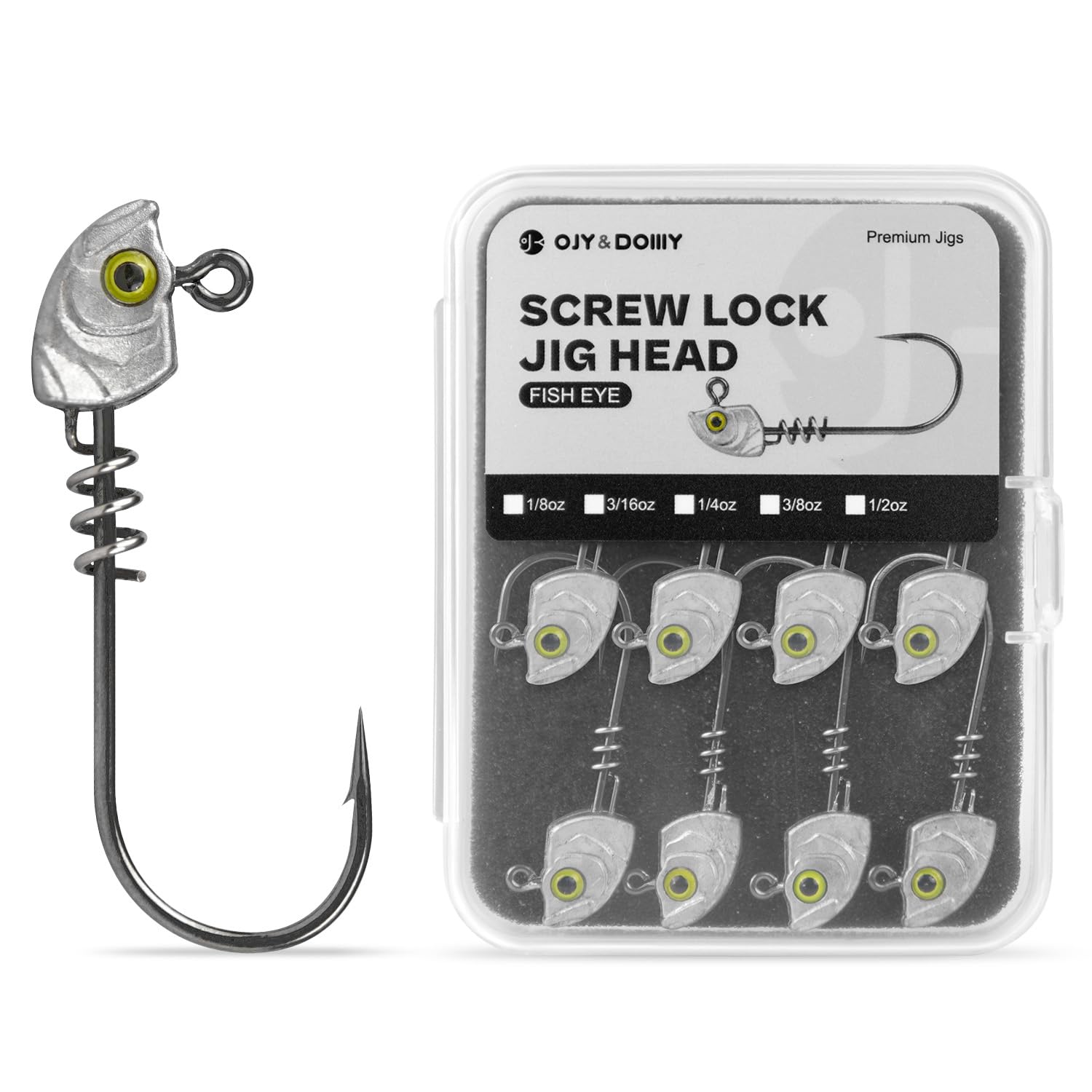 15-Pack Screw Lock Swimbait Jig Heads - 3D Chartreuse Eyes 1/8 3/16 1/4 3/8 1/2 oz, 3/0 & 4/0 Fishing Hooks