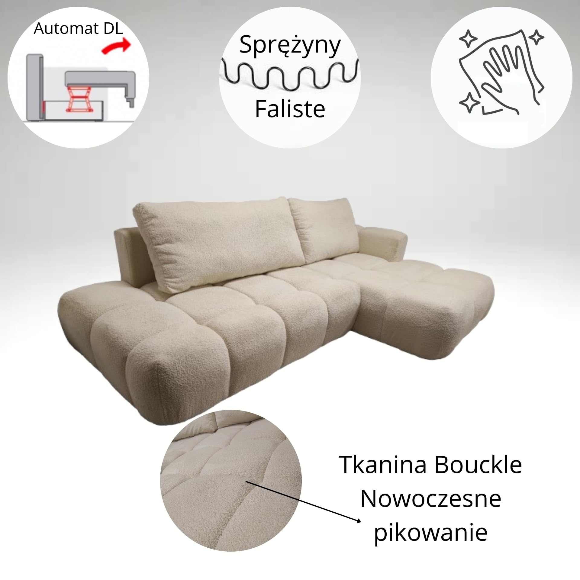 Narożnik Soffi Rozkładany, Kremowa Tkanina Boucle, Funkcja Spania, Pikowany, 280x165x95 cm, Lewy