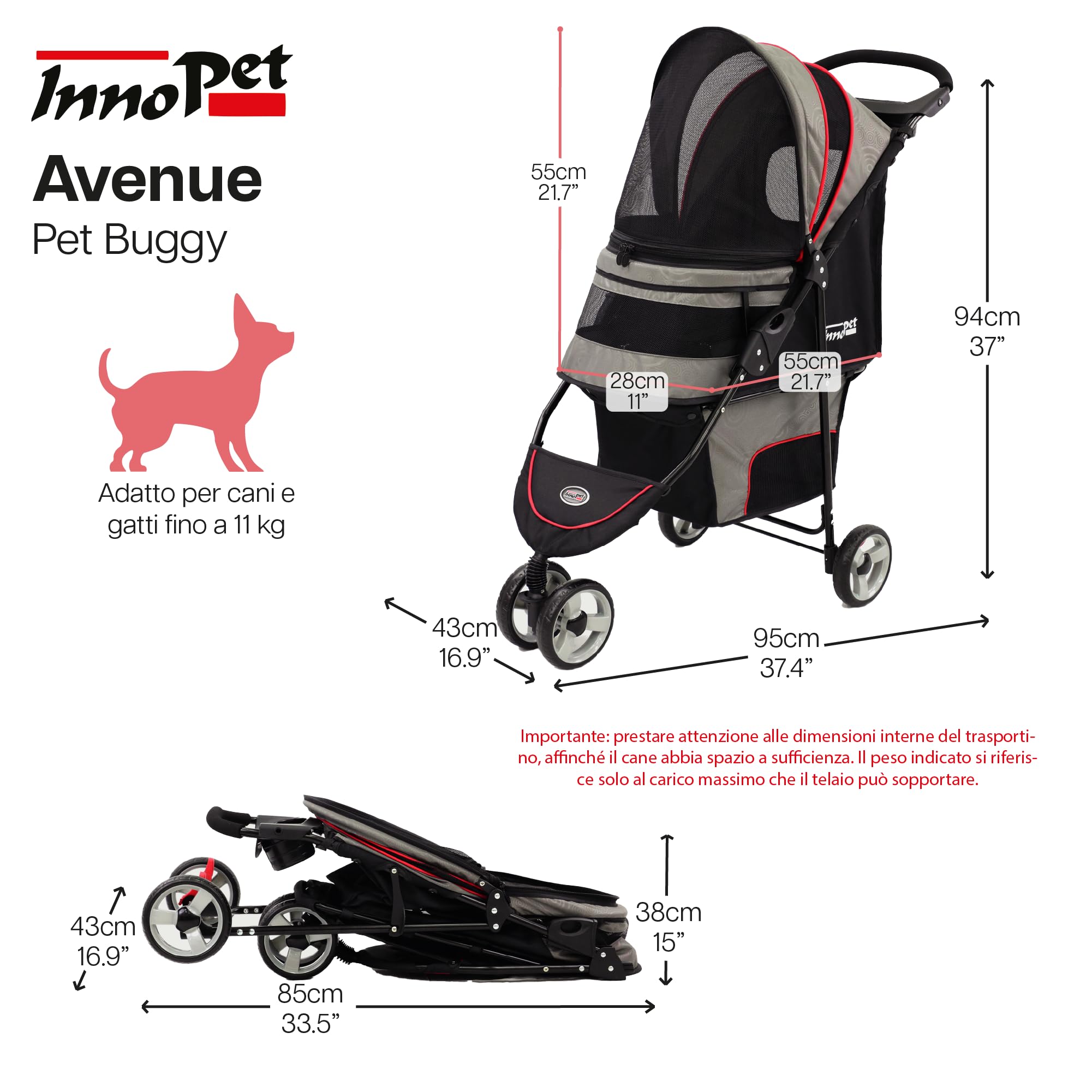 Passeggino leggero Innopet Avenue per cani e gatti, grigio/rosso - Passeggino urbano compatto per animali domestici con copertura antipioggia, cinture di sicurezza e cestino portaoggetti