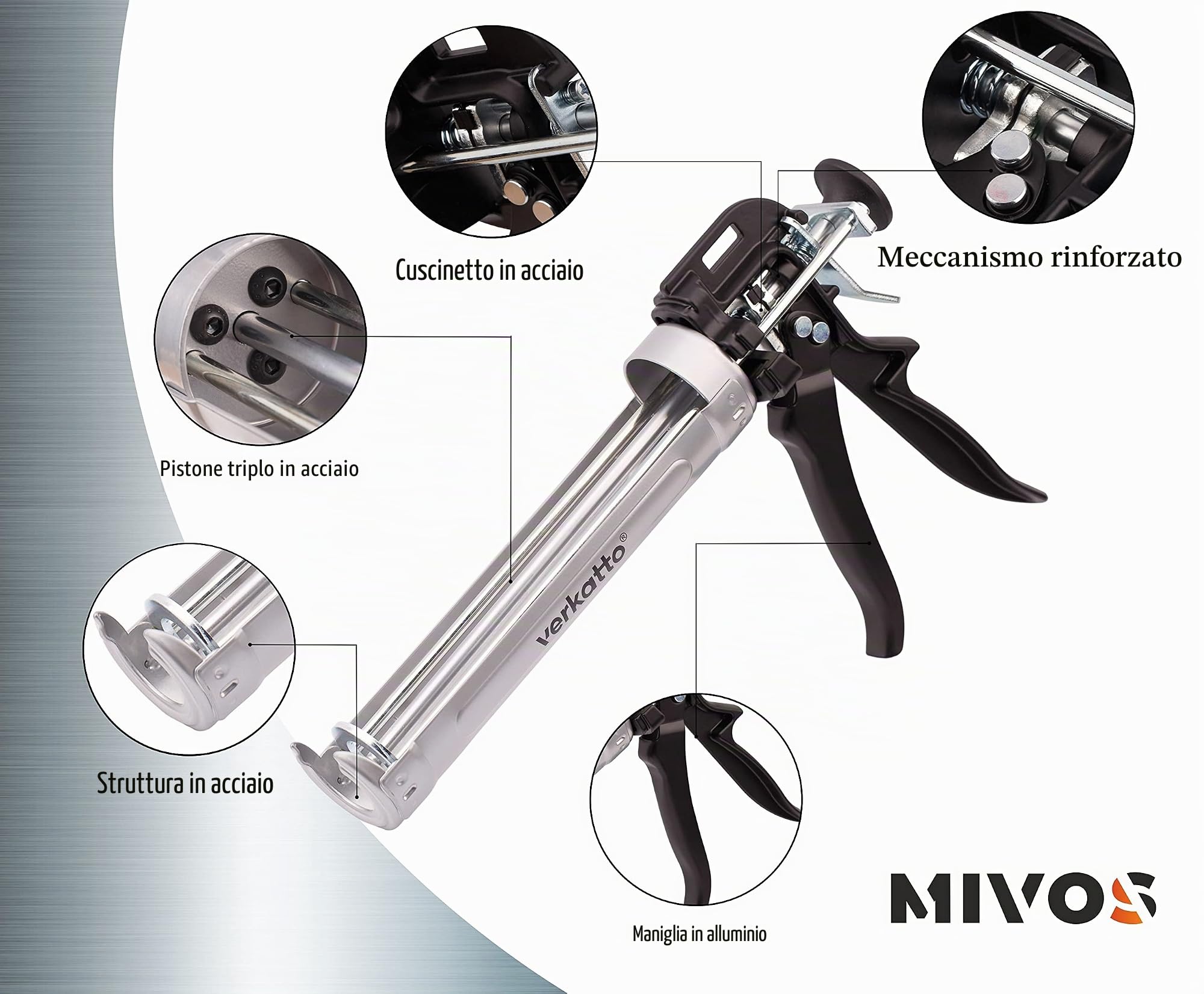 Mivos - Pistola per cartucce professionale per tutte le cartucce di sigillatura e adesivo da 310 ml - Rapporto di spinta 26:1 - Cartuschenpresse rinforzata con telaio rotante e pistone a tre stanghe