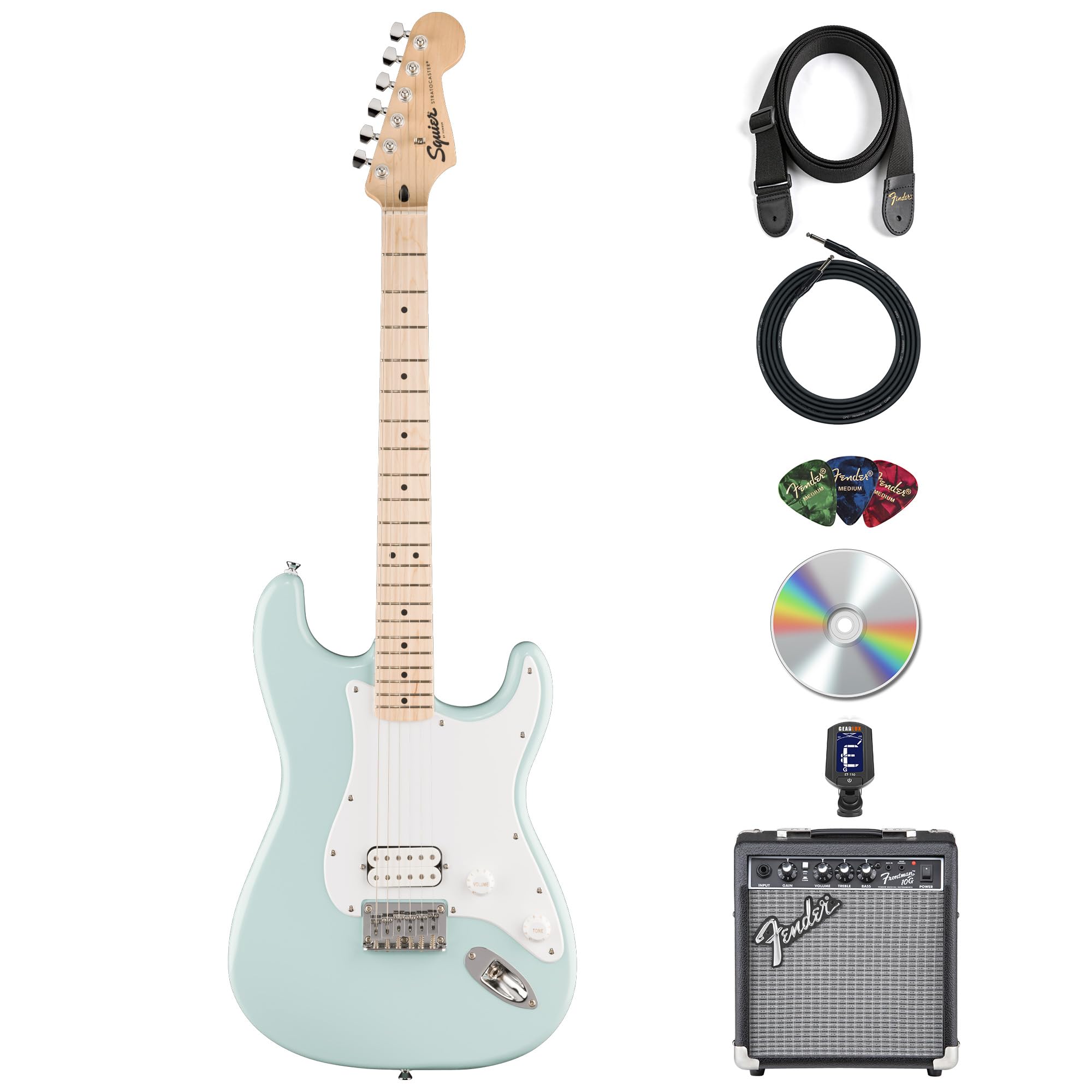 Fender Squier Sonic Stratocaster HT H - Sonic Blue Bundle with Frontman 10G Amplifier, Instrument Cable, Tuner, Strap, Picks, and Austin Bazaar Instructional DVD