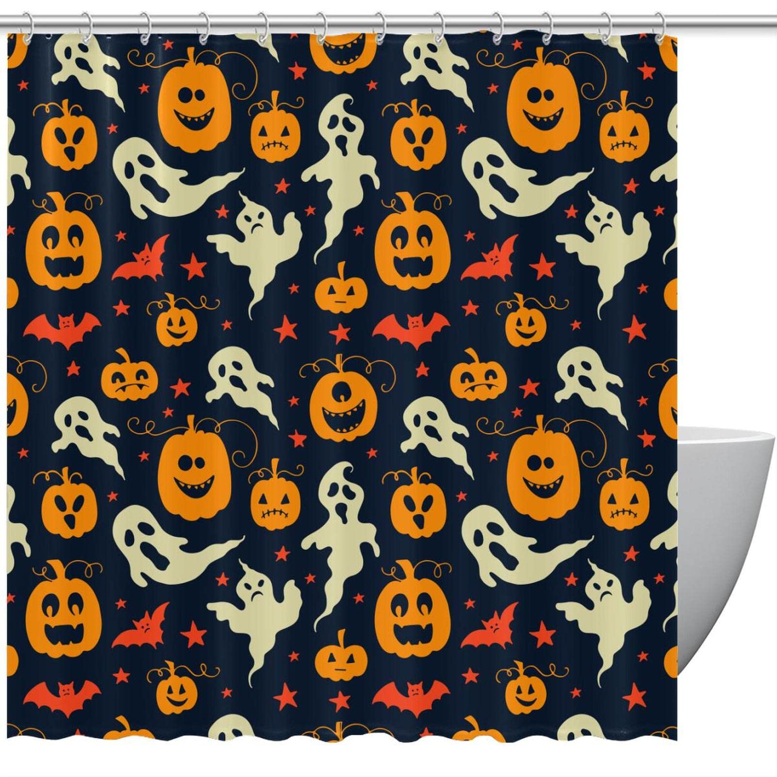 Rideau de douche Halloween fantôme et citrouille 183 cm pour salle de bain