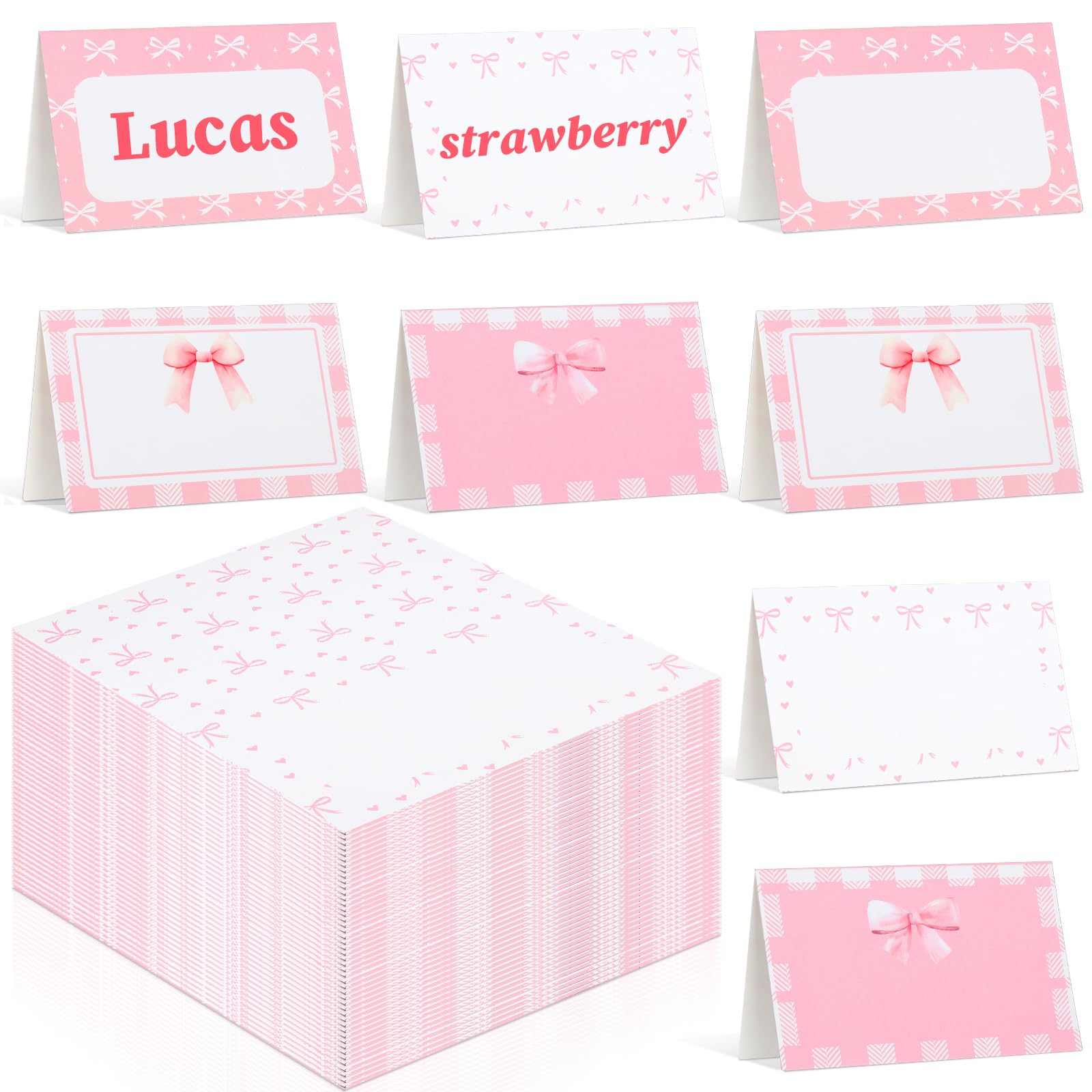 TecUnite 48 Pcs Pink Bow Christmas Decorations Bow Birthday Party Decorations Coquette Party Name Cards 3 x 4.6 Inch Food Labels for Bridal Engagement