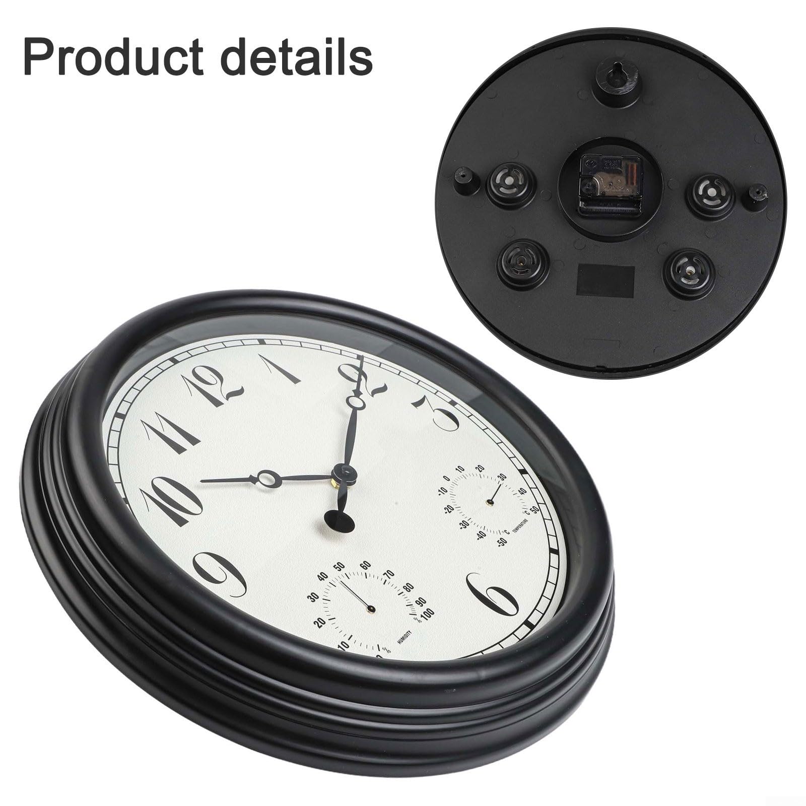 Orologio da parete silenzioso per esterni, 38,1 cm, con indicatore di umidità e temperatura, nero