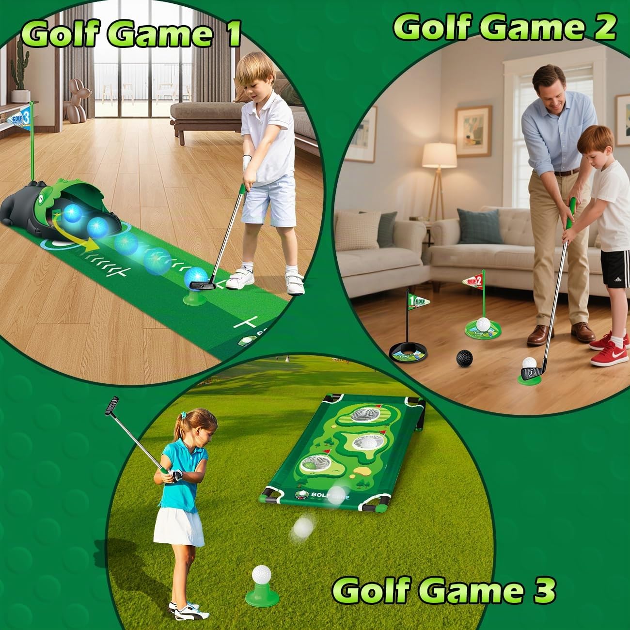 TERRAMUS Set de Golf 3 en 1 pour Enfants avec Retourneur Automatique de Balles,Cornhole Board, Balles Lumineuses LED,Tapis de Putting,Mini Golf 3-8 Ans,Jouet de Golf Indoor,Cadeau pour Garçons Filles