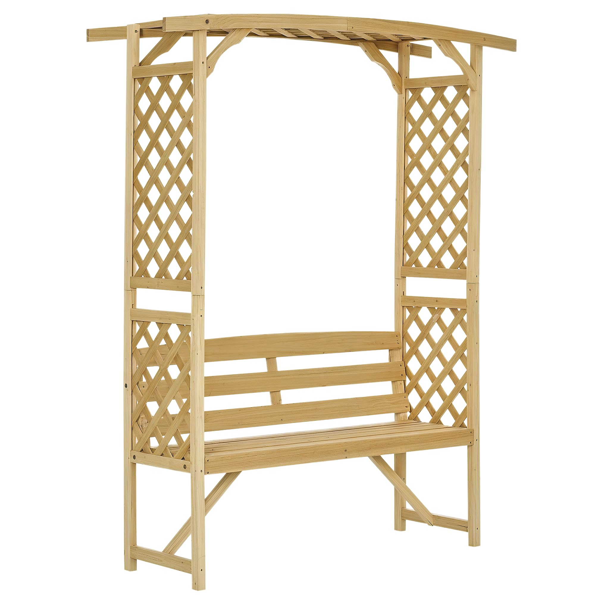 Outsunny Patio Garden Bench Arbor Arch with Pergola and 2 Trellises, 3 Seat Natural Wooden Outdoor Bench for Grape Vines & Climbing Plants, Backyard Decor, NaturalThe Forest Stewardship Council