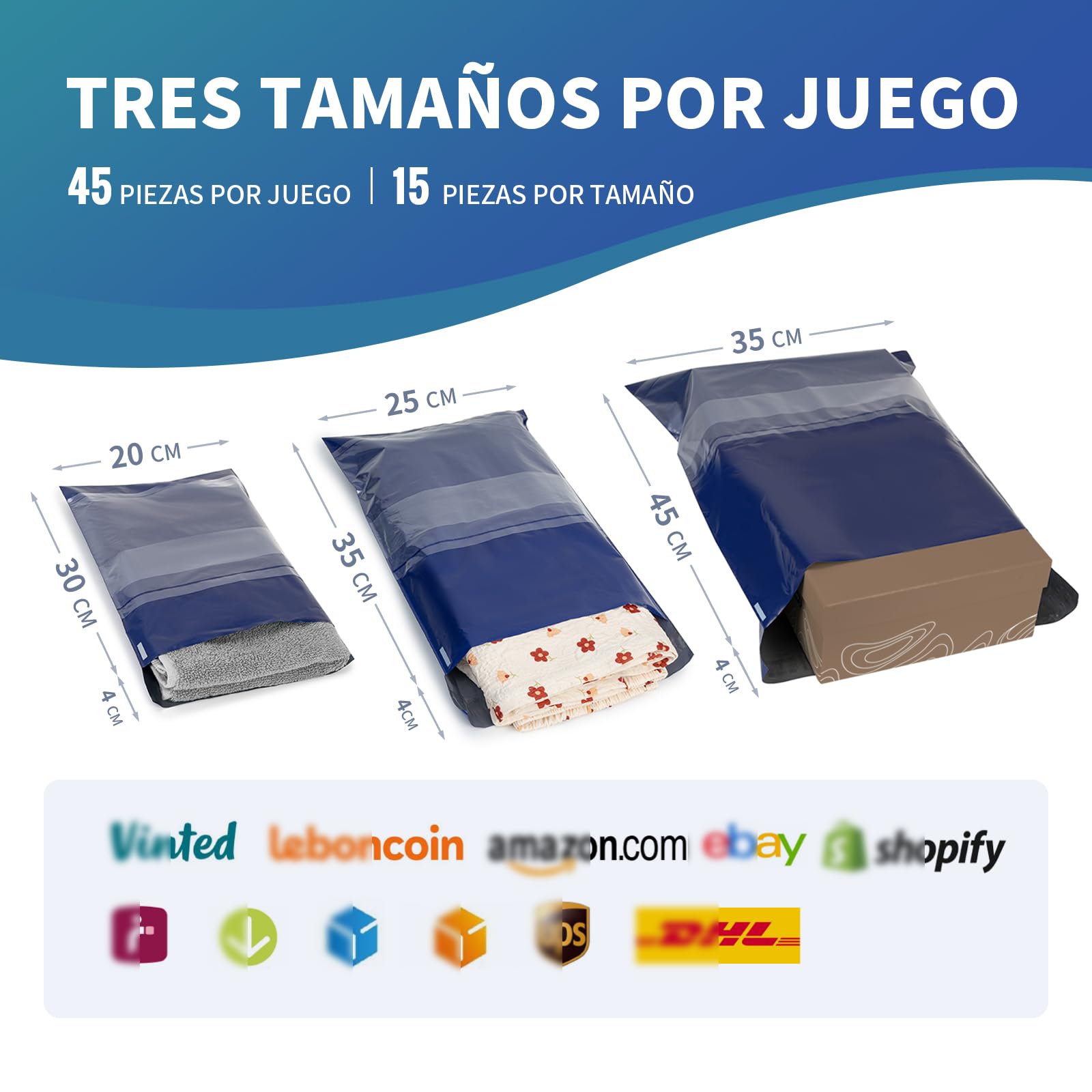Bolsas para Envíos, 45 Piezas Sobres para Envíos Vinted, 3 Tamaños, Impermeable, Opaco, Resistentes, Autoadhesivos, Azul
