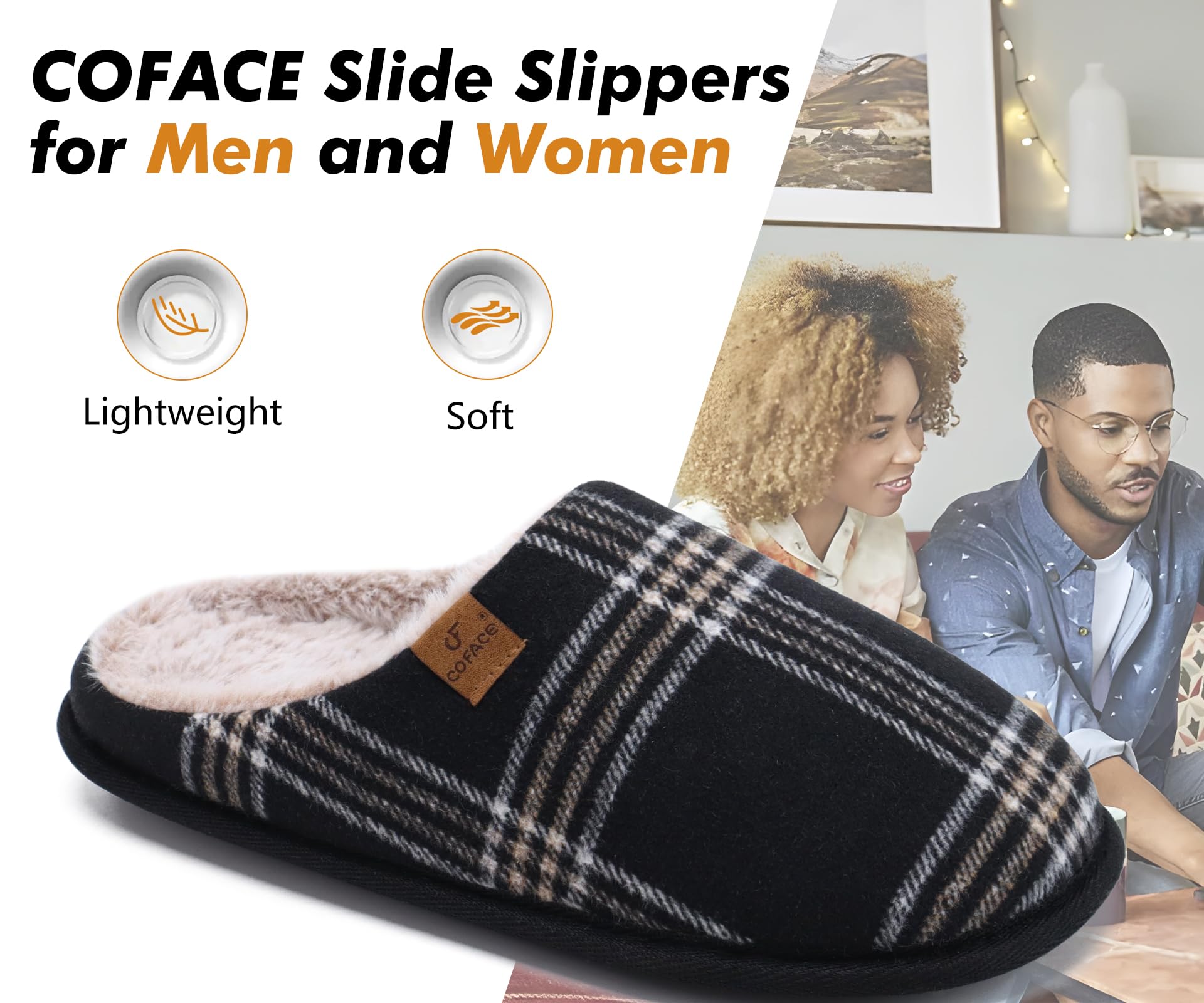COFACE Pantofole da Uomo Invernali Plaid, Comoda Memory Foam Calde Scarpe da Casa in Lana con Suola Antiscivolo 40-49