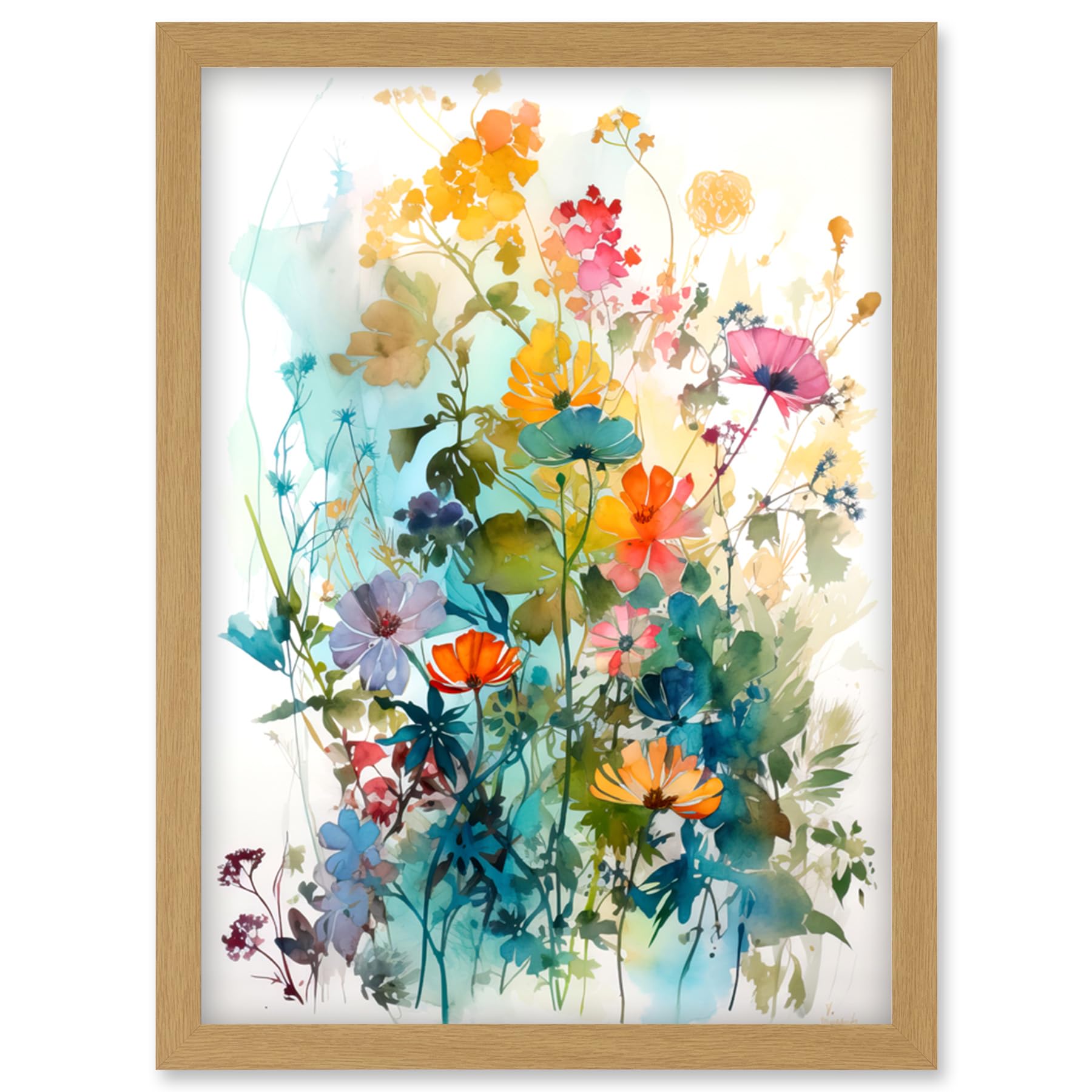 Artery8 Wild Flowers Watercolour Painting Rainbow Colour Bright Floral Spring Field Artwork Framed Wall Art Print A4