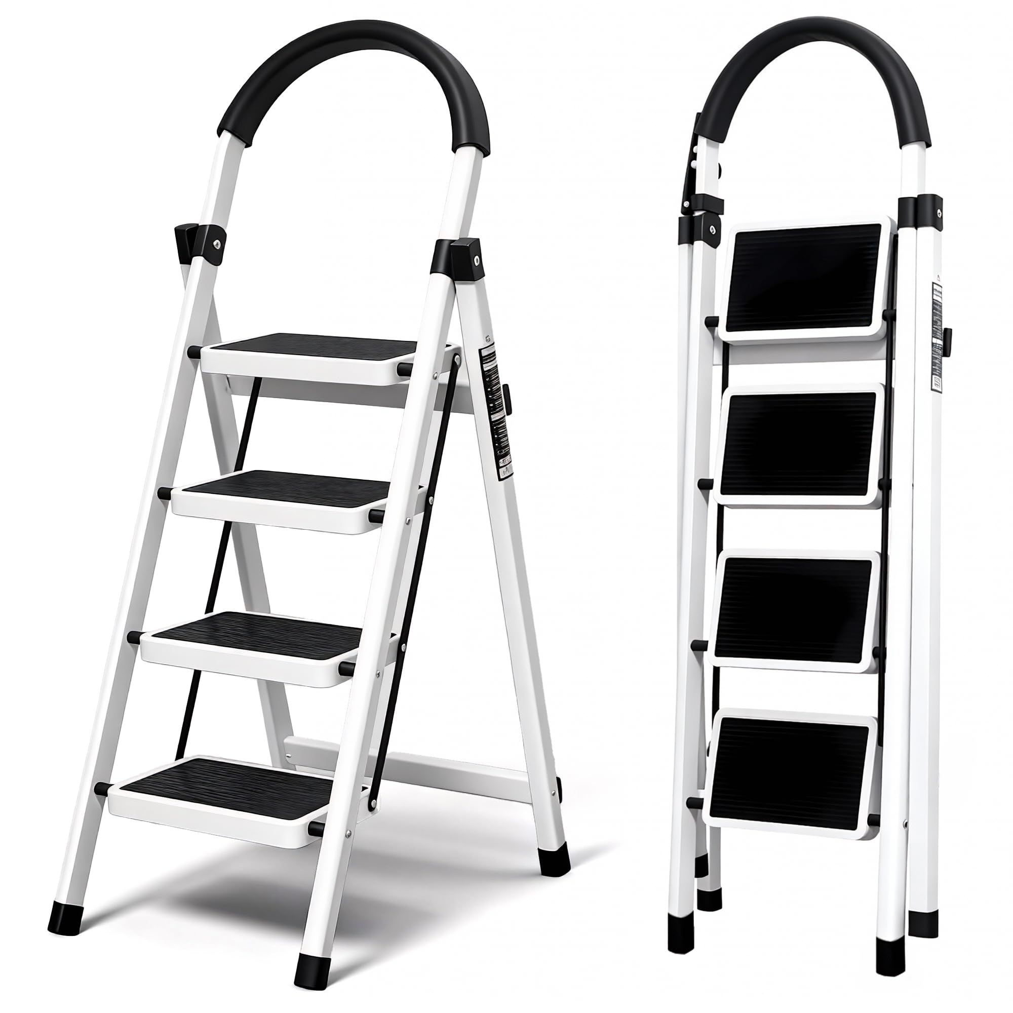 Escalera Plegable 4 peldaños con pasamanos y con Pedal Antideslizante | Taburete Multifuncional con Superficie | Escaleras Plegables Domésticas | Step Ladder para Hogar （4 escalones）