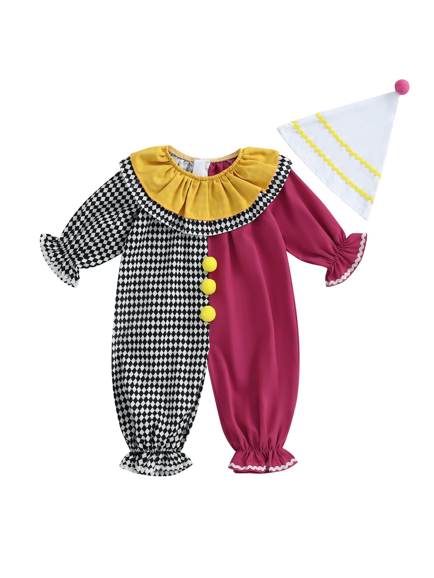 LYSINK Toddler Baby Clown Costume Funny Halloween Cosplay Outfit Contrast Color Long Sleeve Jumpsuit with Hat (A-Black, 12-18 Months)