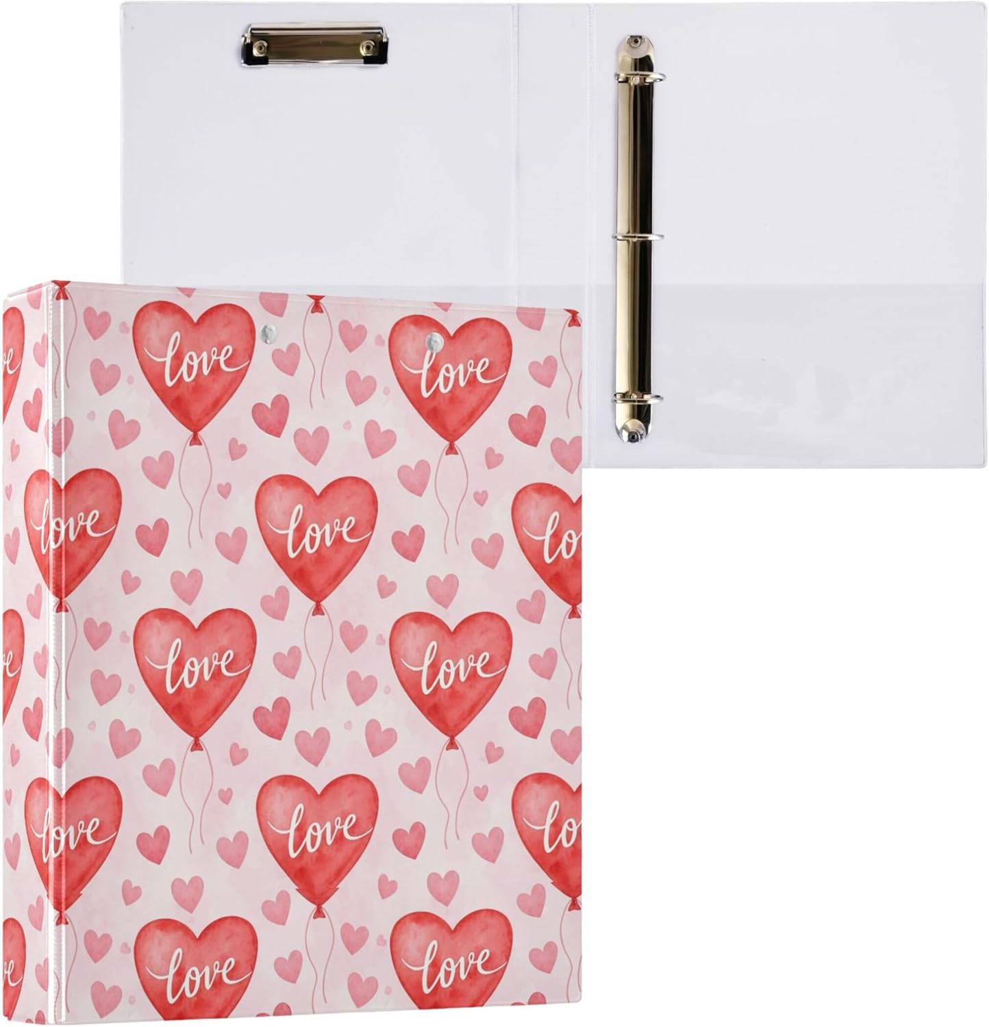 Valentine's Day Heart Balloons 3 Ring Binders, 1.5” Round Ring Binders with Clipboard - Letter Size, 3 Interior PVC Clear Pockets & Anti-Slip Clip for Office School Supplies, 2PCS