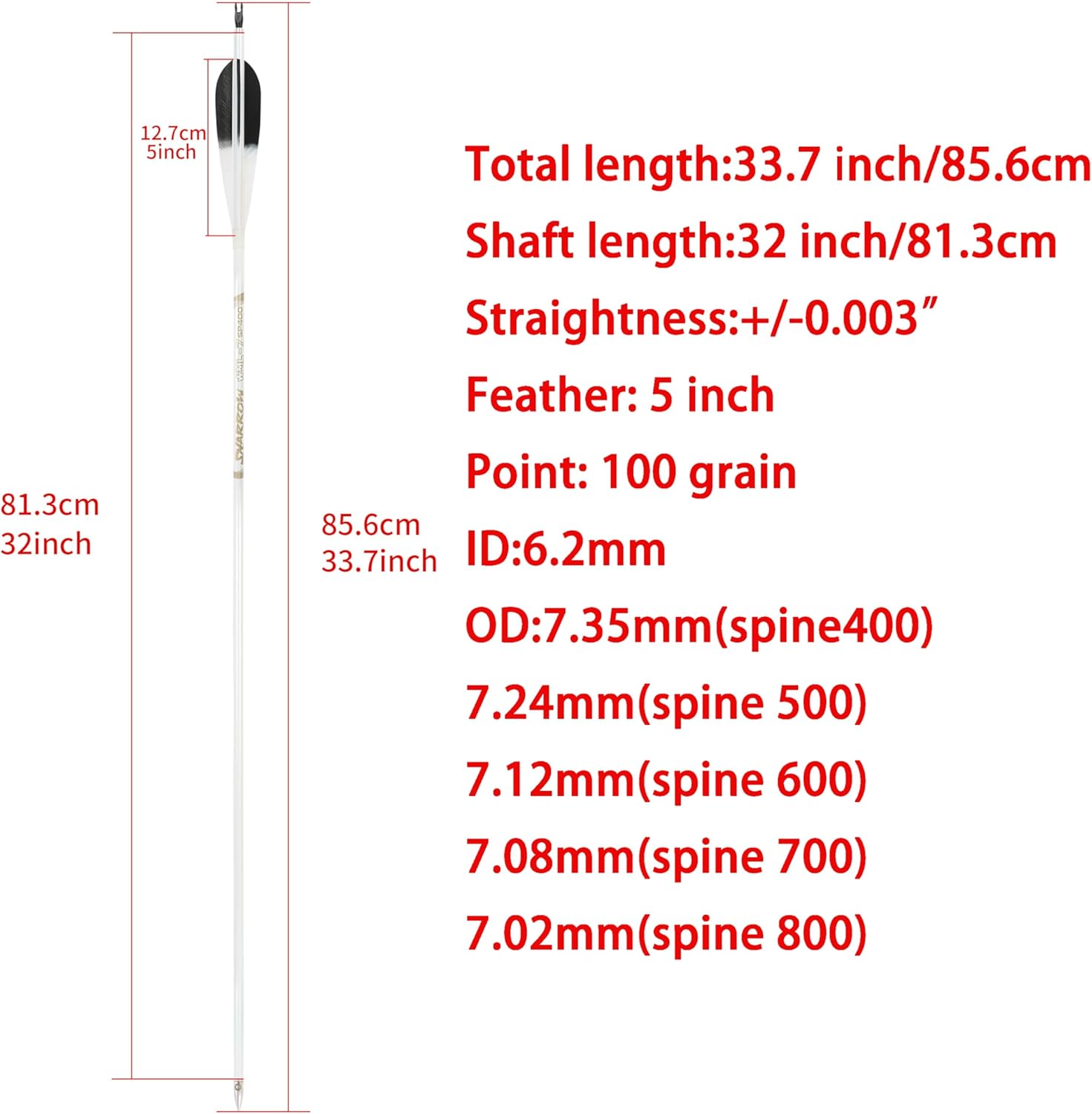 32" Pure Carbon Arrows Archery Practice Hunting Arrows Spine 400 500 600 700 800 Targeting Arrows with 100 Grain Removable Tips for Compound & Recurve & Long Bow 6/12 Pcs