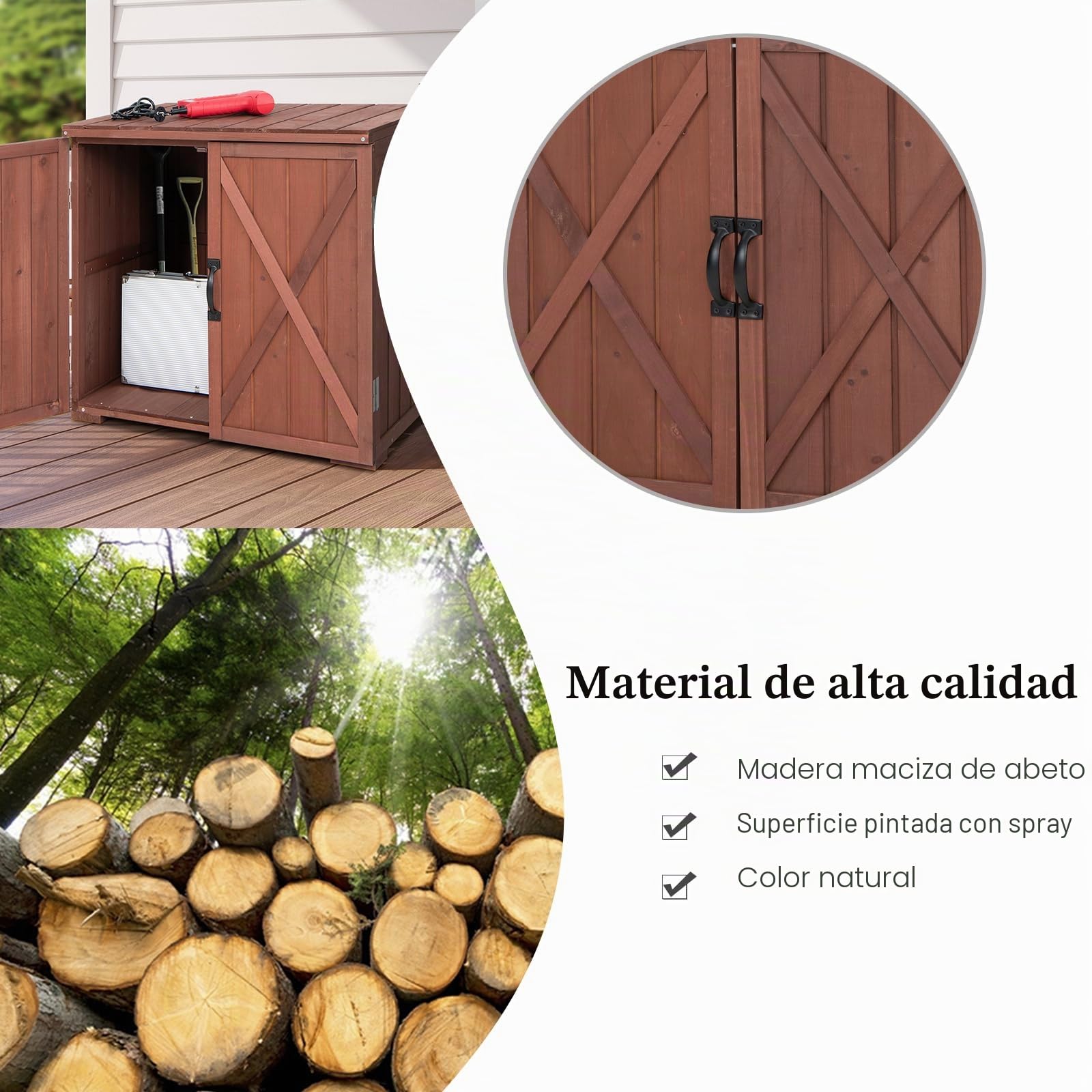 HOMASIS Cobertizo de Jardín de Madera de Abeto, Resistente a la Intemperie, con 2 Puertas Magnéticas y 2 Asas, Armario de Almacenamiento