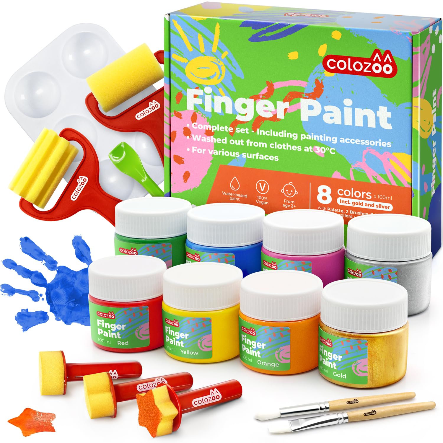 colozoo Pintura de Dedos para Niños Set Inc. Accesorios | Pintura Dedos Bebe no Toxica 8x100 ml Colores Inc. Oro y Plata | Sin Parabenos, Gluten ni Lactosa, a Base de Agua, Vegano