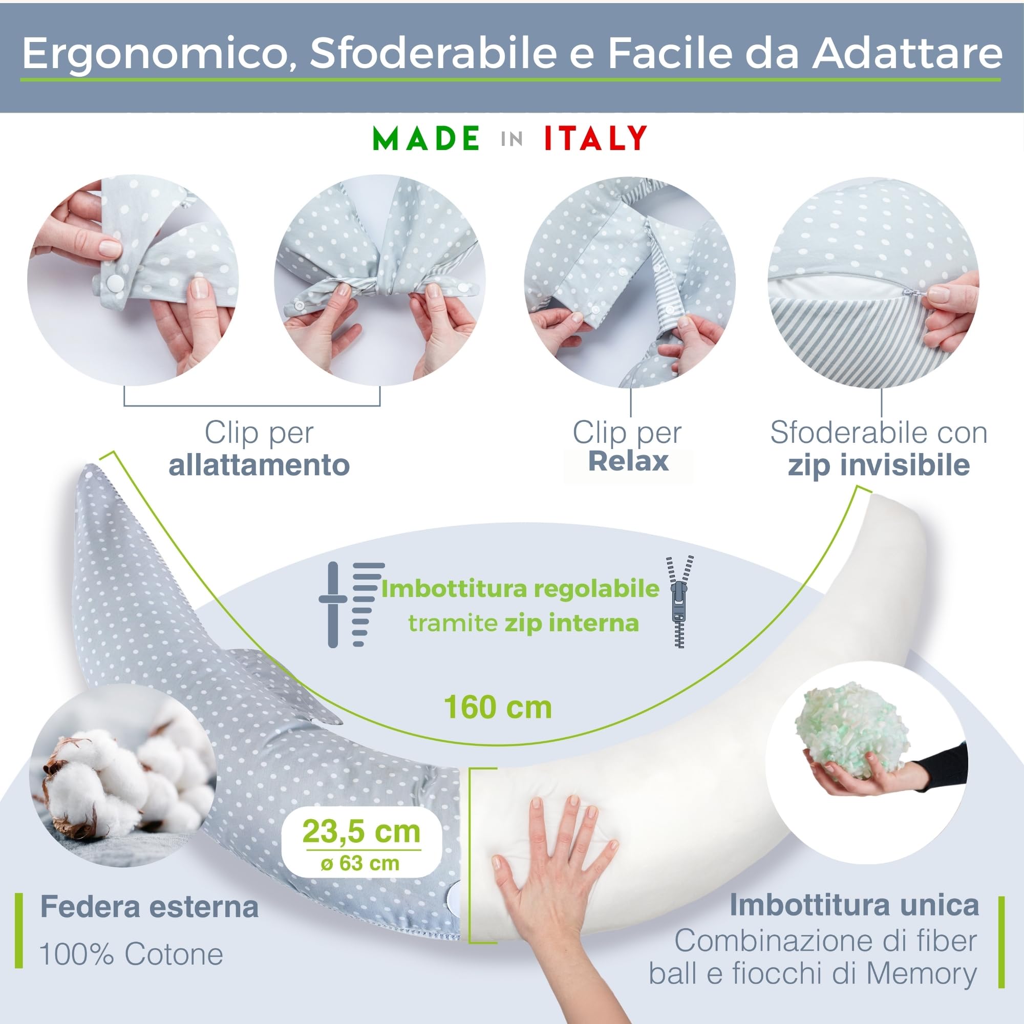 Dilamababy Cuscino Gravidanza Fiocchi di Memory e Fiber Made in Italy – Comodo per Dormire e per Allattamento - Supporto Ergonomico Pancia, Schiena, Gambe con Federa Sfoderabile e Lavabile