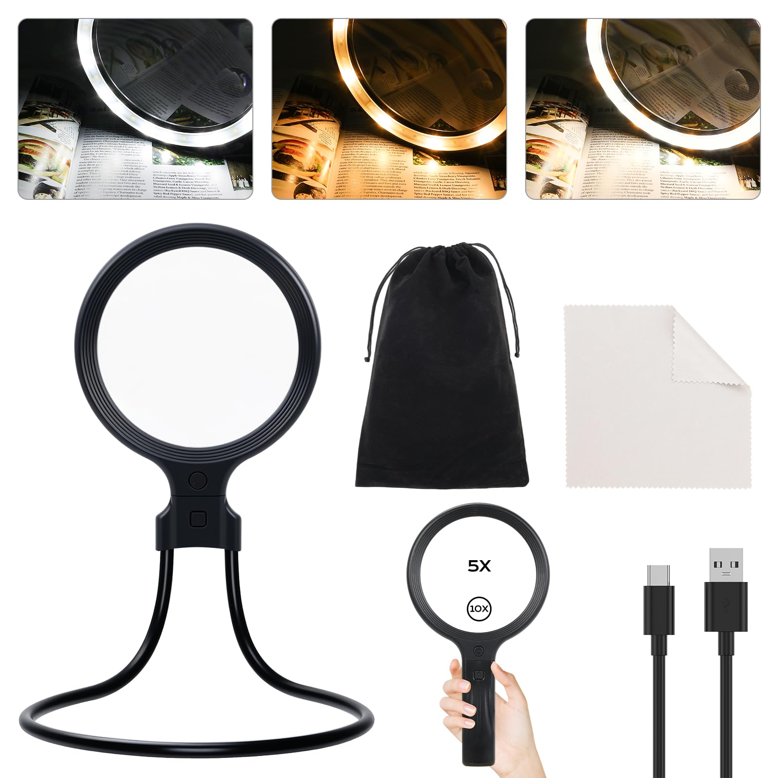 Handfreie und handliche 10X/5X Lupe, wiederaufladbar, 30 LED mit 3 Lichtmodi für Senioren mit schwacher Sicht, Lesen, Basteln (schwarz)