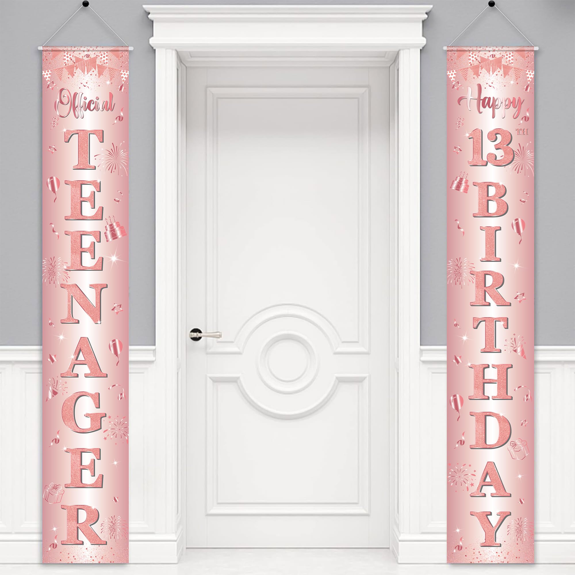 13th Birthday Decorations Banner Girl - 2 Pcs Rose Gold Door Banner Official TEENAGER and Happy 13th BIRTHDAY Hanging banners Set for Girls Teenager Party Supplies, 180 x 30 cm