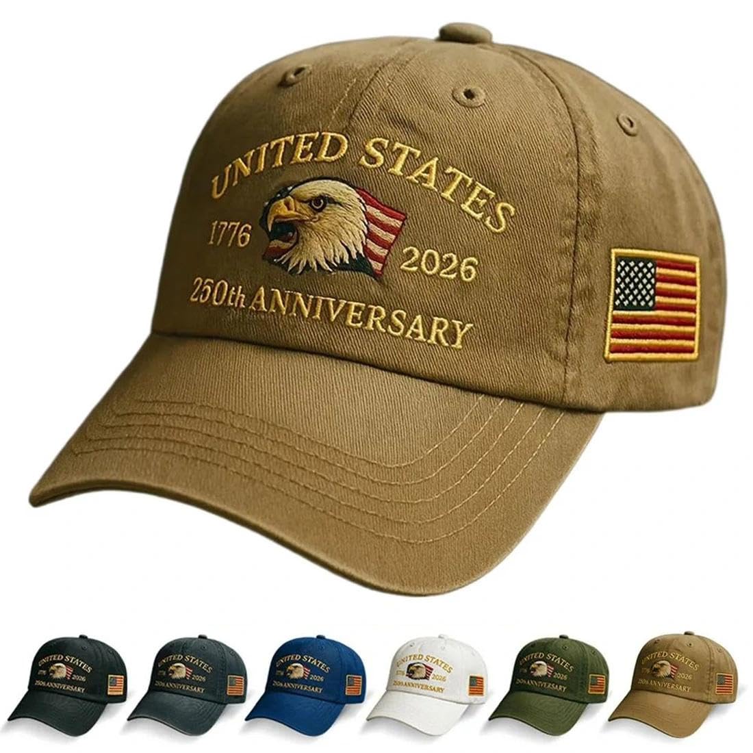 Qianyihc Men's Khaki Baseball Cap For Cotton One Size, Cotton Embroidered Casual Baseball Cap, Adjustable America Eagle Hat, Us 250Th Anniversaries Hat, Unisex(Khaki)