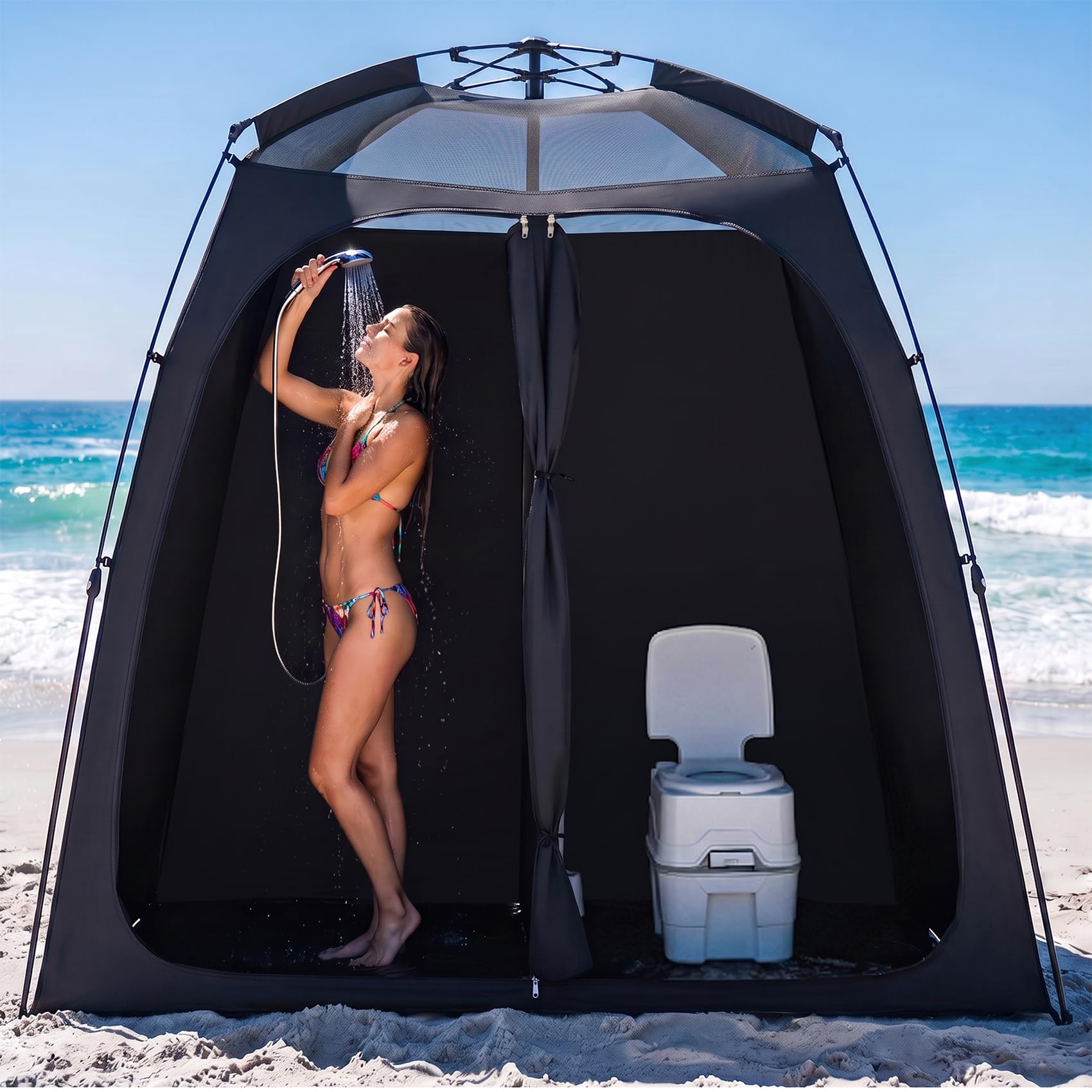 EighteenTek Upgraded Pop-Up Shower Tent, Black, 2-Room Privacy Shelter with Floor & Dual Doors, Portable Camping Toilet & Changing Tent, 83" x 47" x 77.6"H-image-41