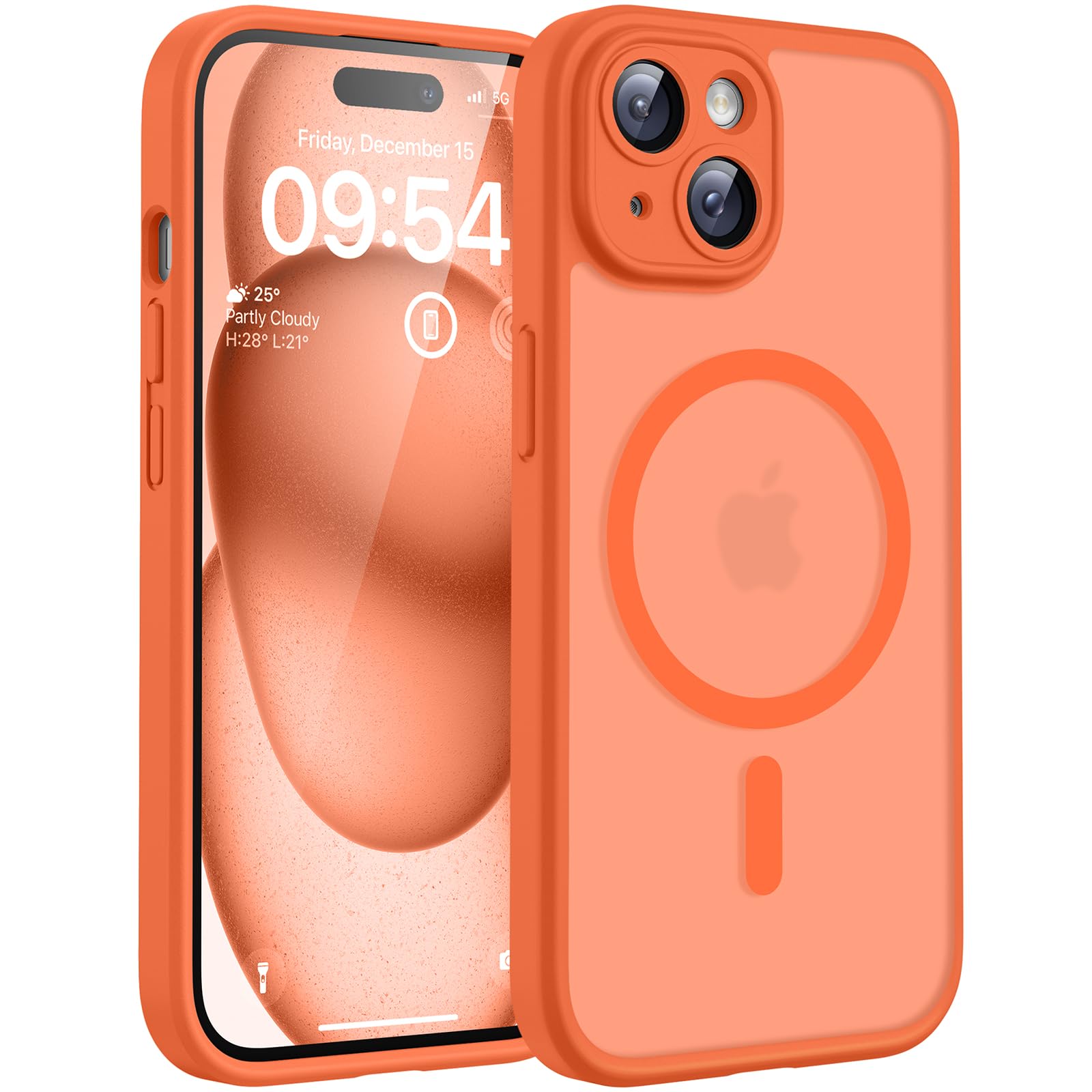 TOCOL Cover Magnetica per iPhone 15 6,1 Pollic, Compatibile con MagSafe, Protezione Fotocamera Integrata, Custodia Antiurto Traslucida Opaca, Arancione