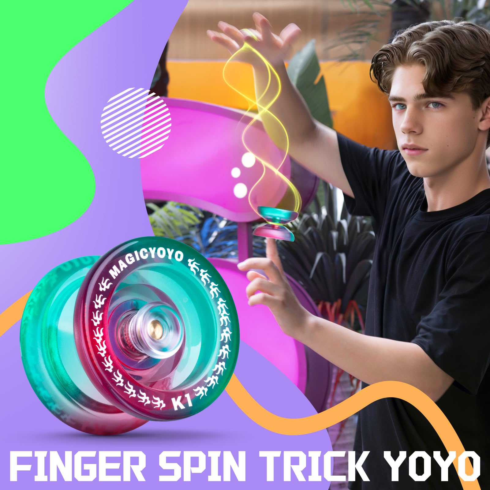 YOSTAR Crystal K1 Responsive Yoyo for Kids Beginners, Plastic Professional With Storage Bag+Glove+12 Strings (Green Pink)