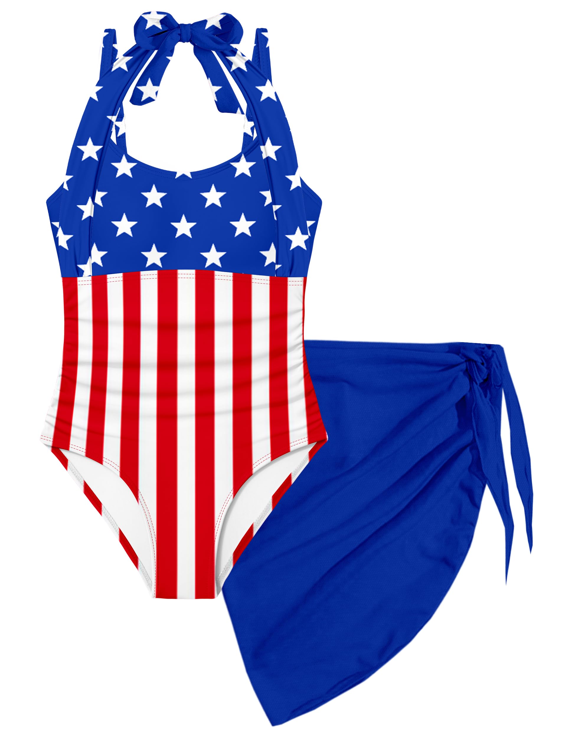Girls Swimsuit Set - Halter Neck One Piece Bathing Suit with Tropical Cover Up Skirt Swimwear for Kids 7-18Y