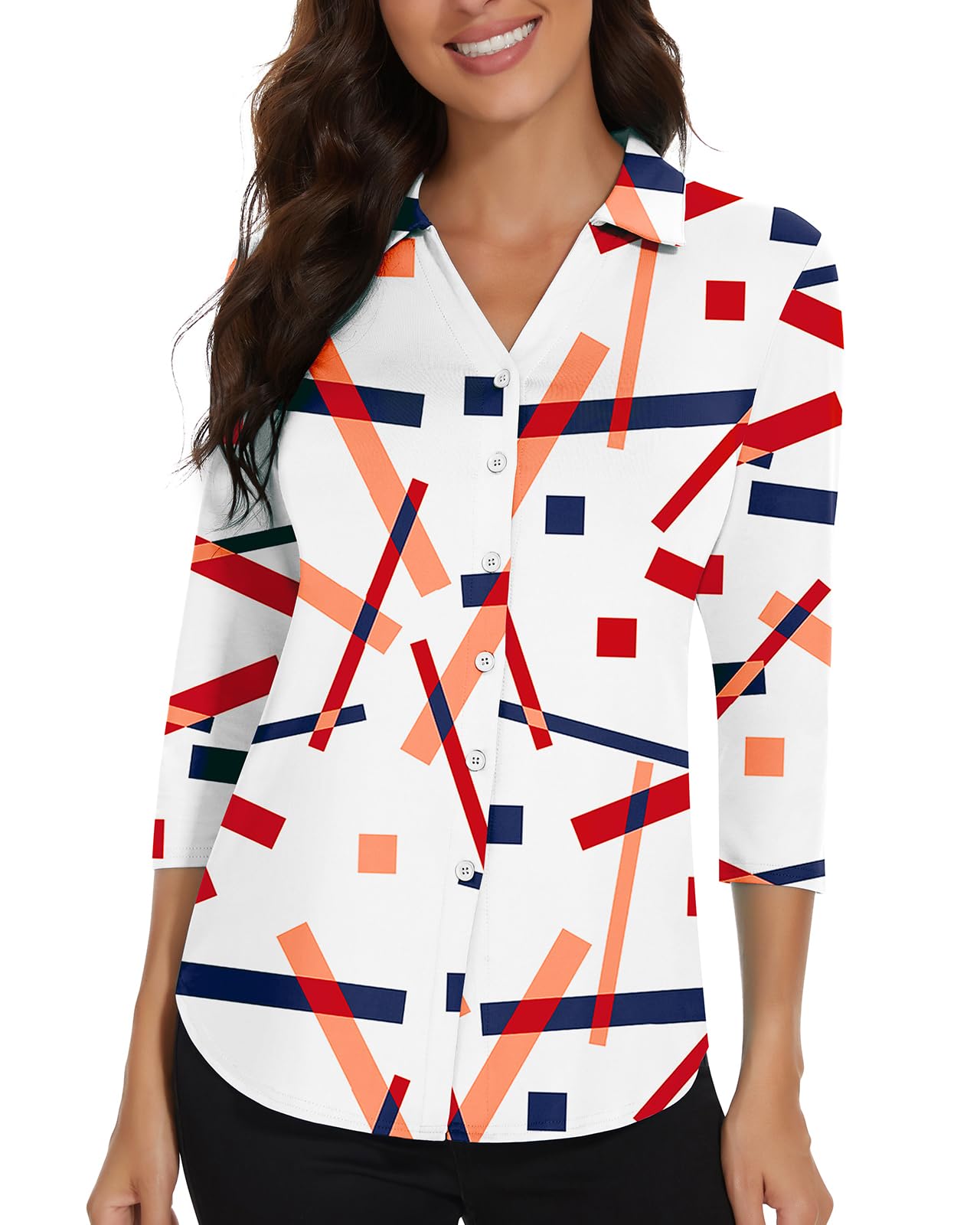 Soneven Blusen Damen Elegant V-Ausschnitt Poloshirts Damen Blusenshirt Langarm Shirt Business Hemdbluse Oberteil Rot-blaues Geometrie L