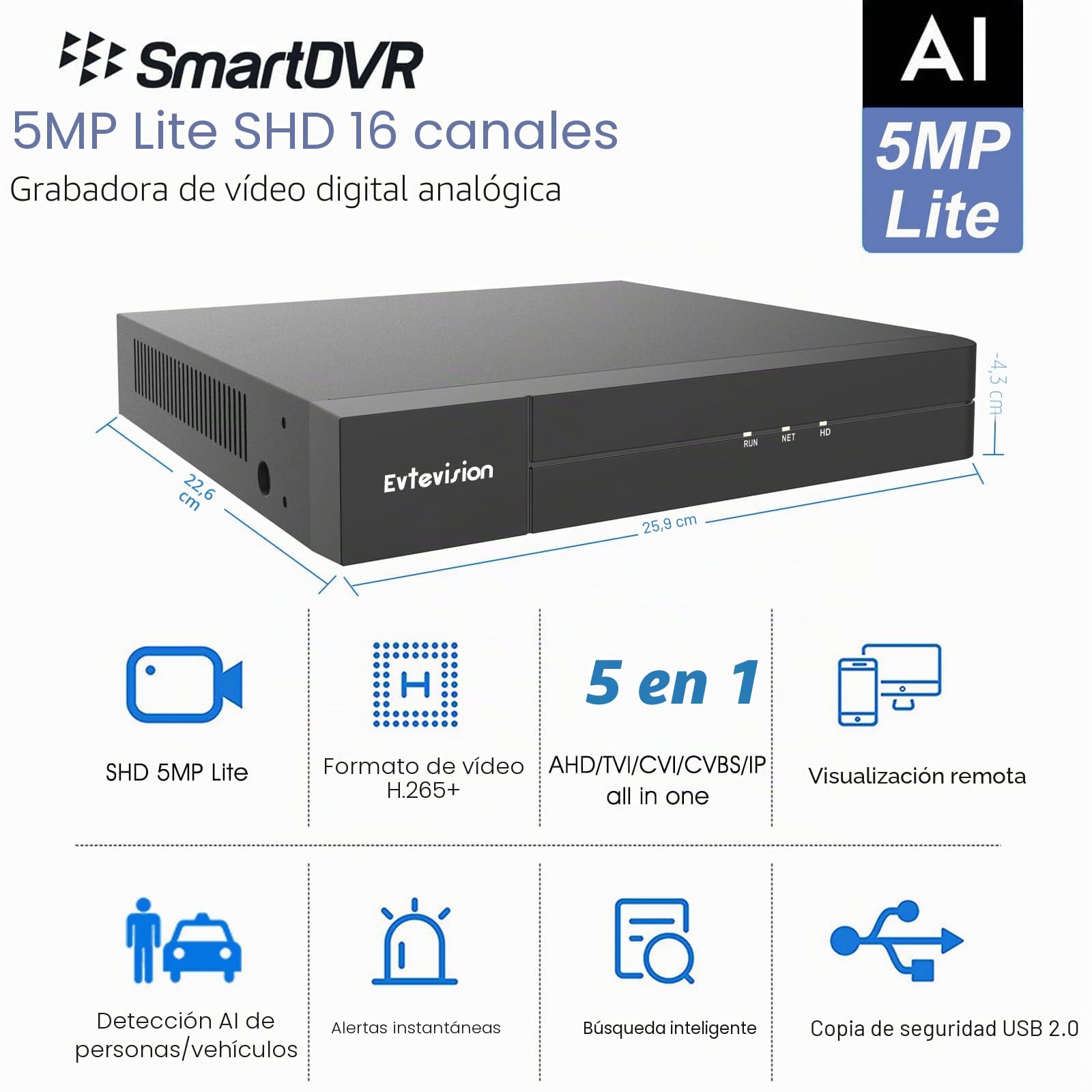 16 Canales 5MP Lite 5M-N CCTV DVR 16CH Grabadores de Vigilancia, Acceso Remoto, Detección de Movimiento, DVR de vigilancia híbrido 5 en 1 (Analógico/AHD/TVI/CVI/IP) (Sin HDD)