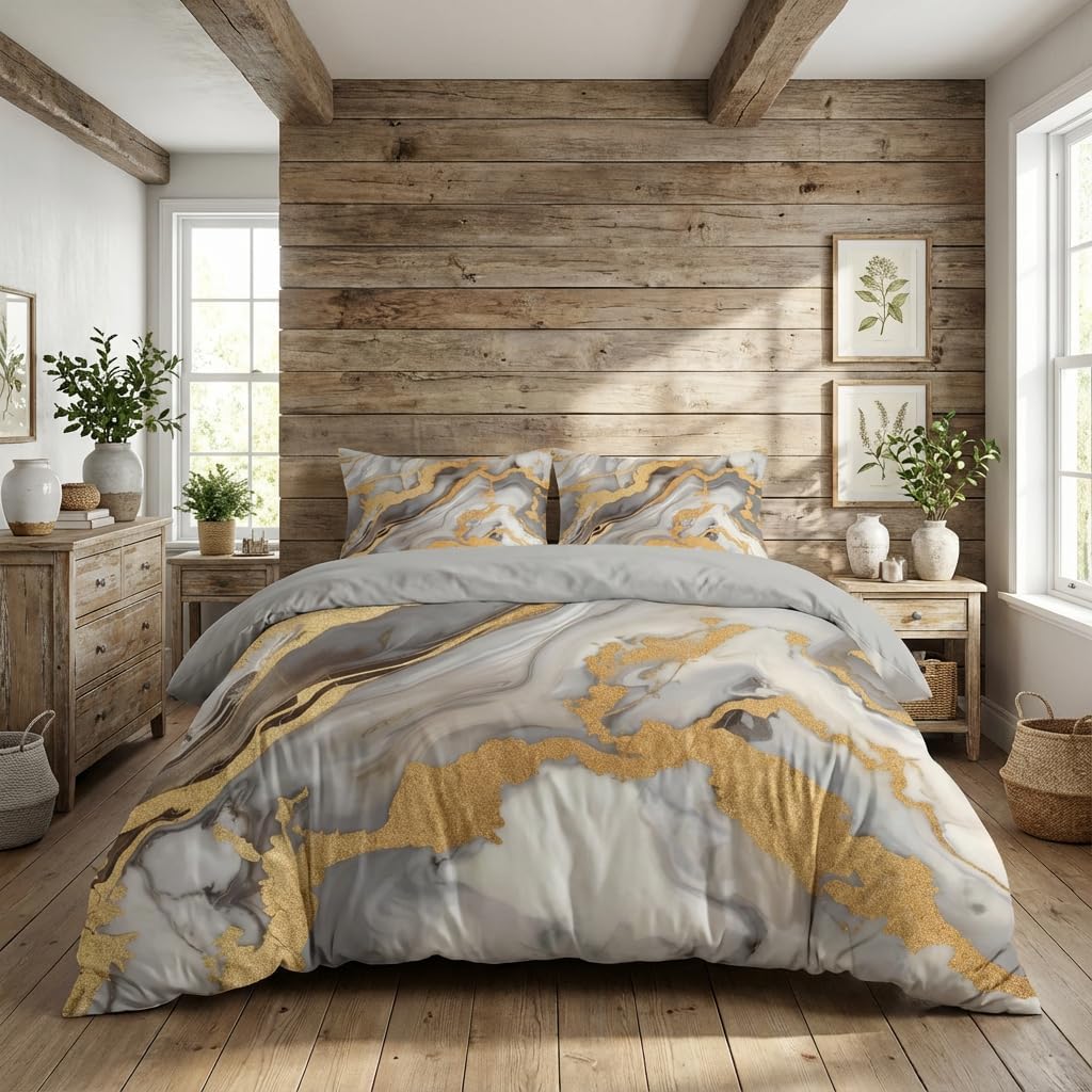 Abstract Marble Comforter Set Queen Size for Adult Grey Golden Metallic Bedding Set with Watercolor River - 3 Pieces Soft Fluffy Microfiber for All Seasons(Gilrs Women) - Image 6