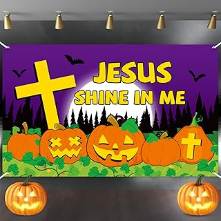 Halloween Christian Pumpkin Backdrop Banner Let Jesus Light Your Way Party Decor Halloween Jesus Pumpkin Background Wall Decor Halloween Religious Supplies for Kids Sunday School Decor 71 x 43 inch