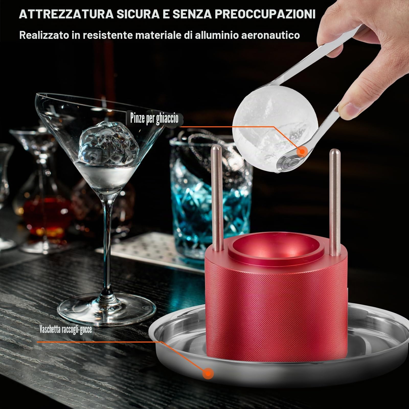 VEVOR Kit Pressa per Ghiaccio a Sfera in Alluminio Diametro 61mm, Stampo per Ghiaccio Sferico per Cocktail Whisky Cognac Bevande, Kit di Pressa per Palline di Ghiaccio da Bar in Alluminio Colore Rosso