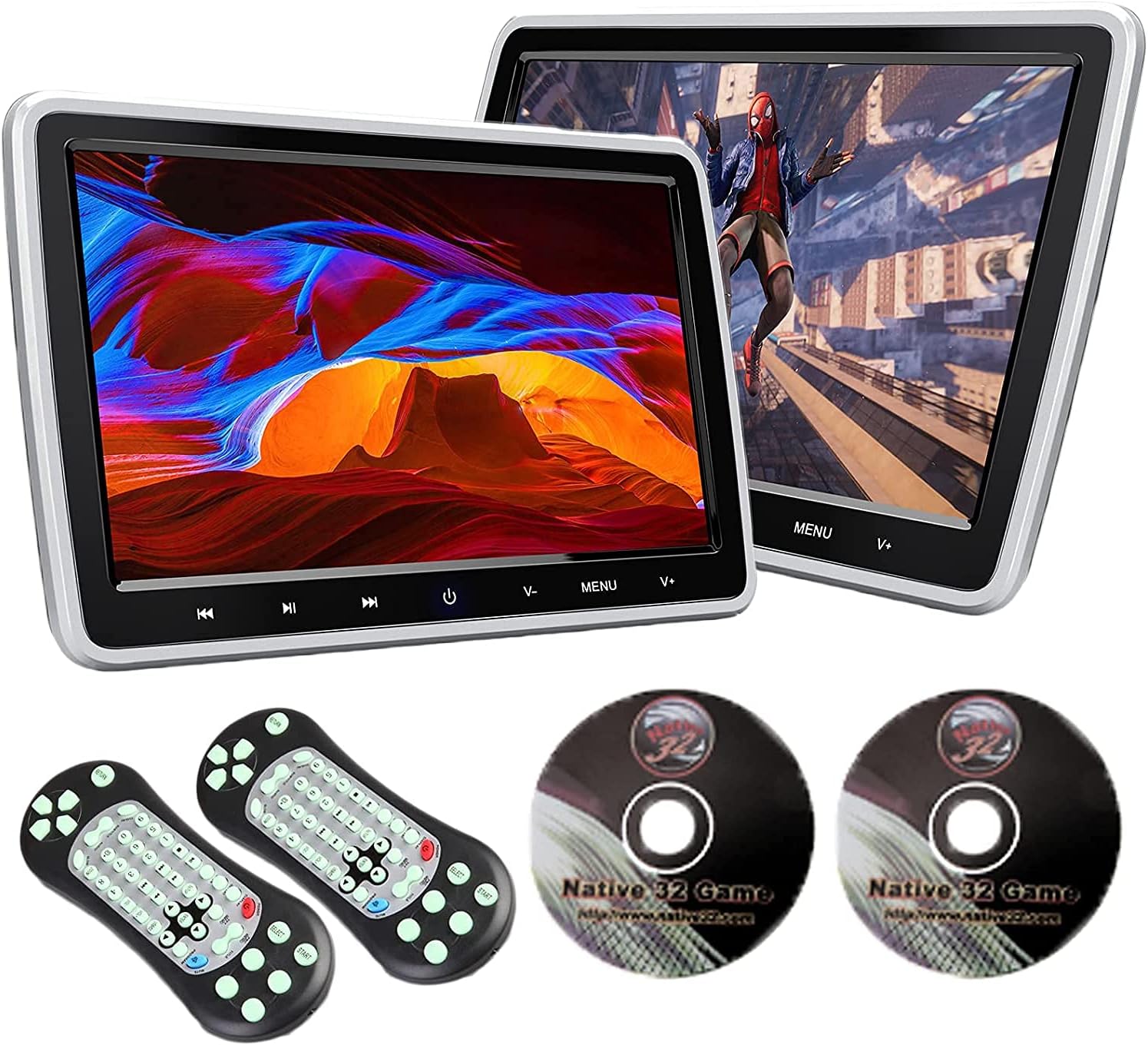 Two XTRONS 10.1-inch headrest DVD players, two remote controls, and two game discs