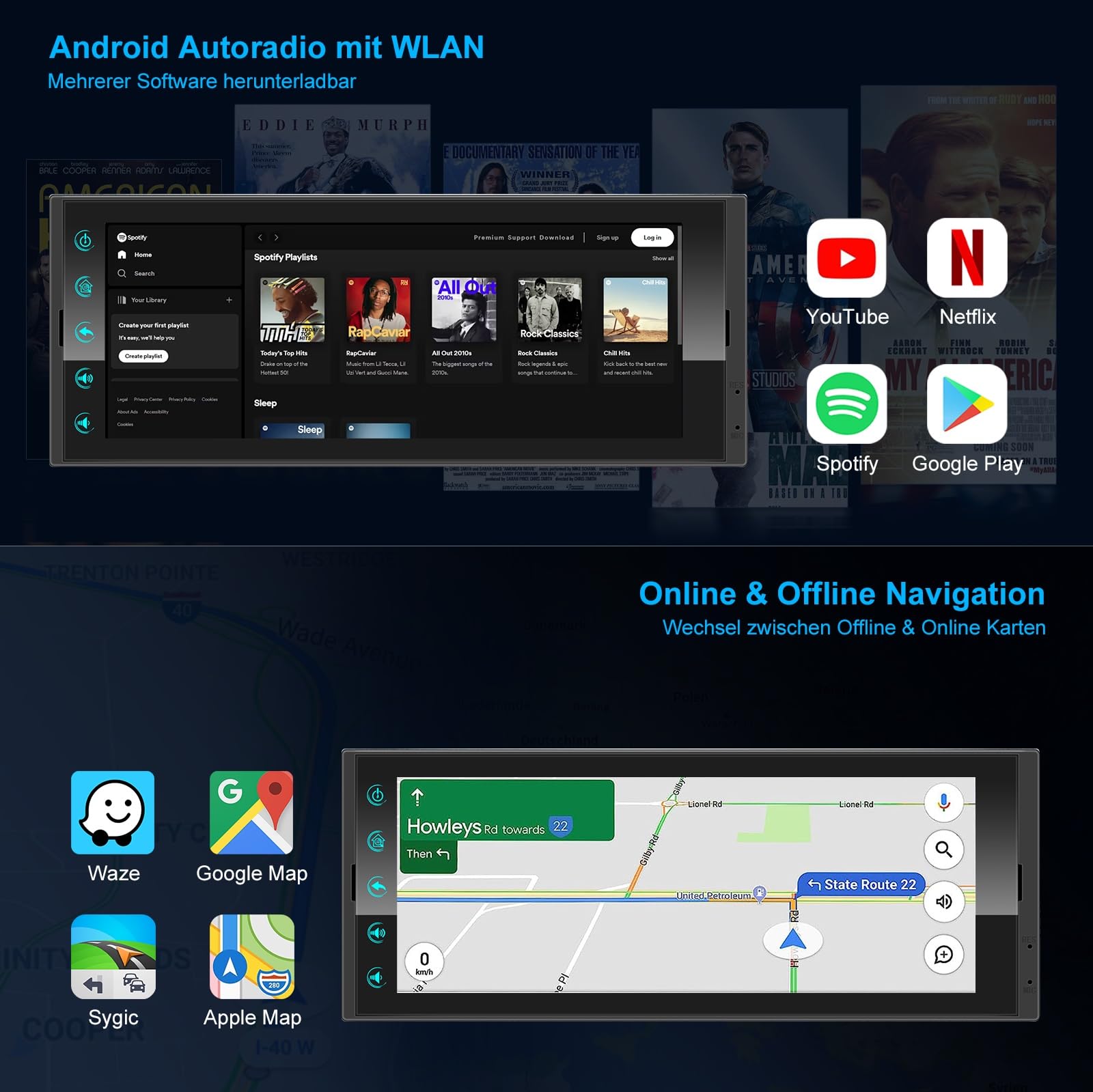 Android Autoradio 1Din mit Bildschirm,Wireless CarPlay & Android Auto Radio Touch Display mit Bluetooth Navi WiFi,FM/AM/RDS Radio