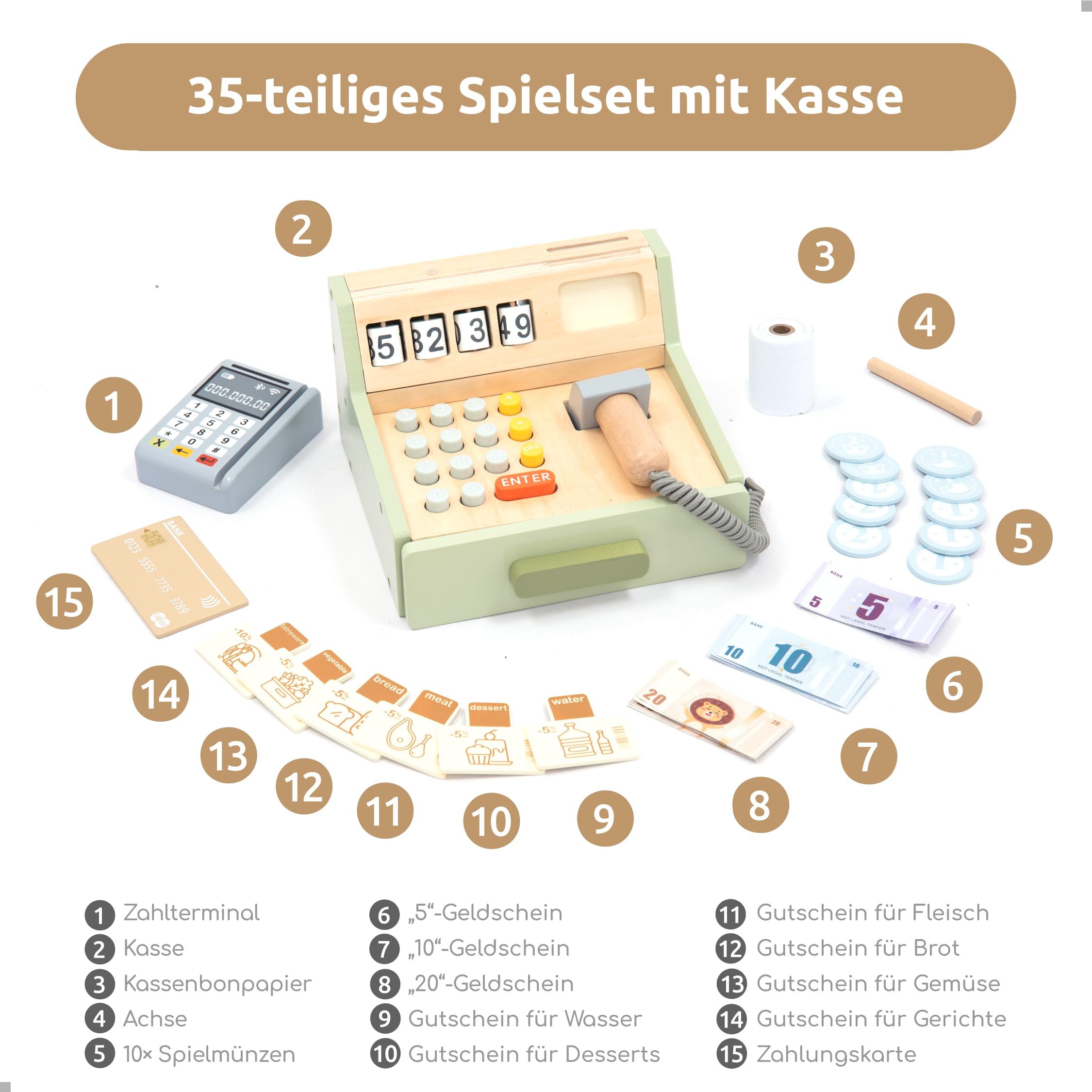 UMU® Kinder Kasse aus Holz - inkl. Scanner, Zahlungsterminal, Spielgeld usw., Kaufladen Zubehör für Rollenspiele, Spielkasse für Kinder ab 3 4 5 6 Jahren