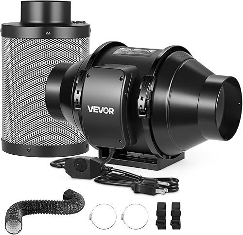 VEVOR Kit de filtración de aire de 4 pulgadas, ventilador de conducto en línea de 180 CFM con controlador de velocidad, filtro de carbono y sistema