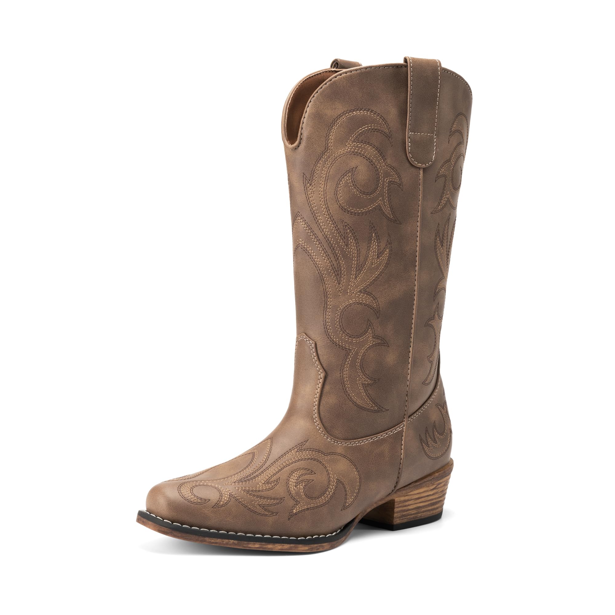 DREAM PAIRS Women's Cowboy Boots Mid Calf Cowgirl Boots Square Toe Chunky Heel Embroidery Stitched Western Boots