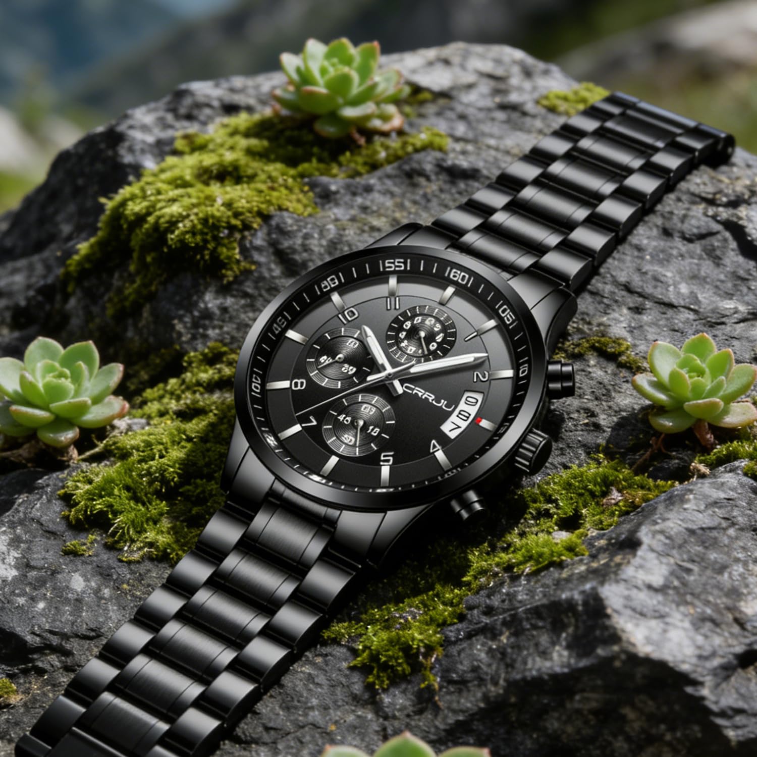CRRJU Mens Fashion Stainless Steel Watches Date Waterproof Chronograph WristwatchesBlack Steel Band Waterproof Quartz Watch for Men product thumbnail 4
