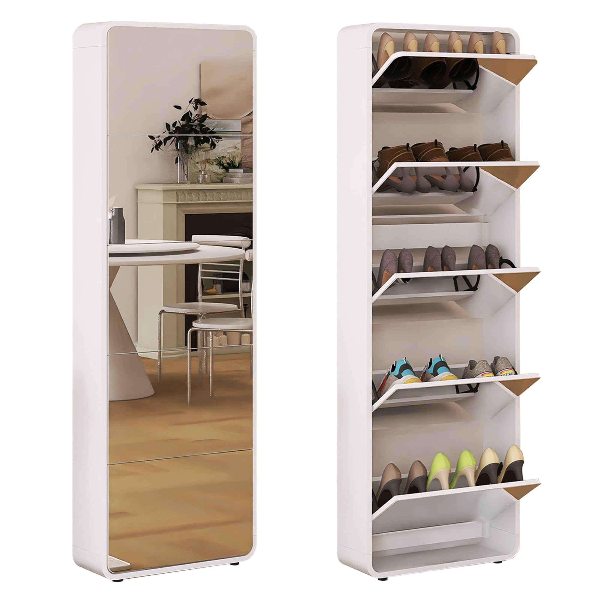 RELAHOGAR Entrance Shoe Locker, 5 Tier Full Length Mirror Shoe Organizer Wooden Narrow Shoe Cabinet, White Shoe Rack for Front Door Entrance Outdoor