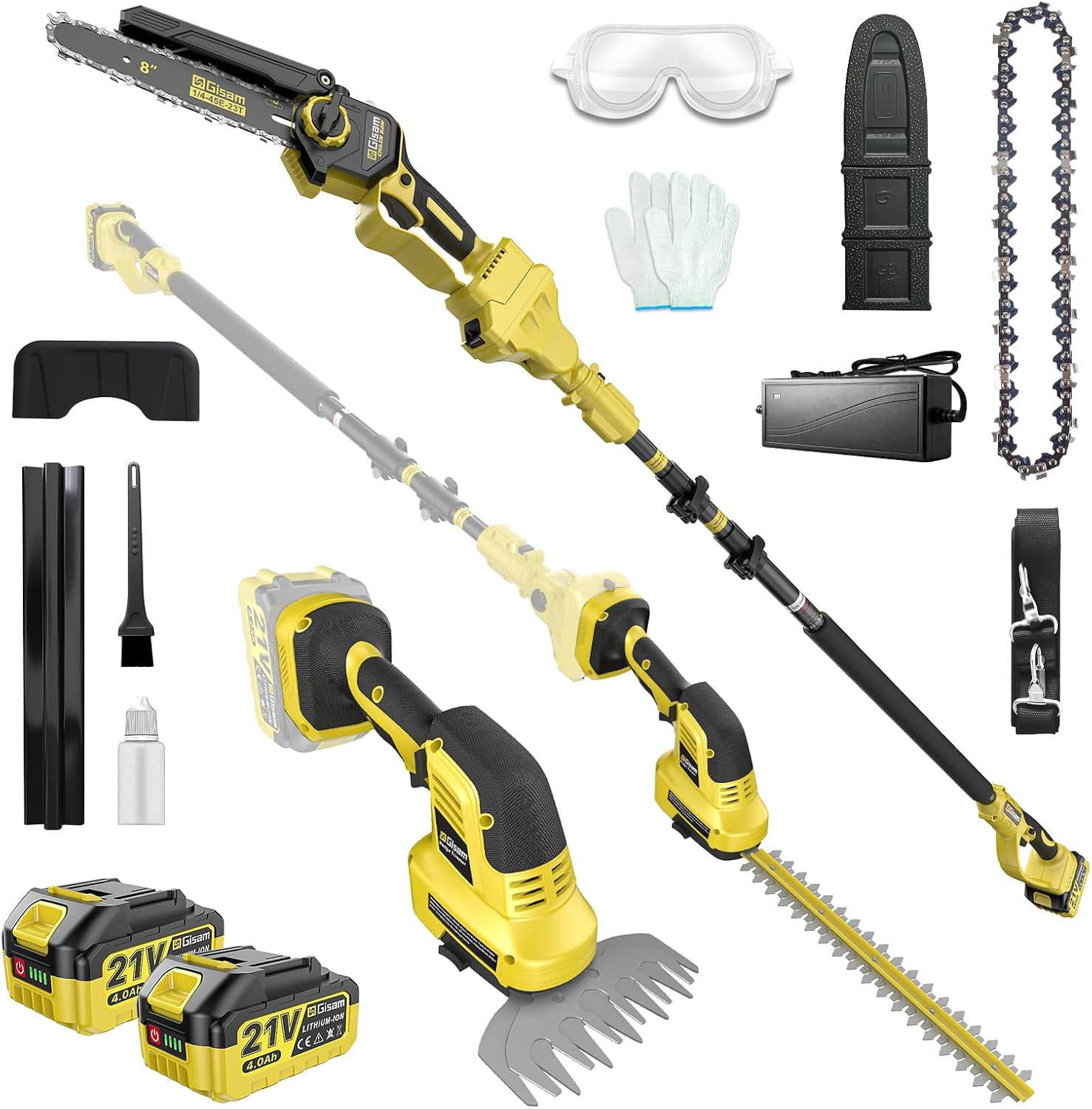 6-in-1 Cordless Pole Saw & Hedge Trimmer Combo & Grass Shear with Extension Pole Garden Tool with 2 * 4.0Ah Battery,180°Adjustable Angle,16Ft Reach,for Shrubs Pruning