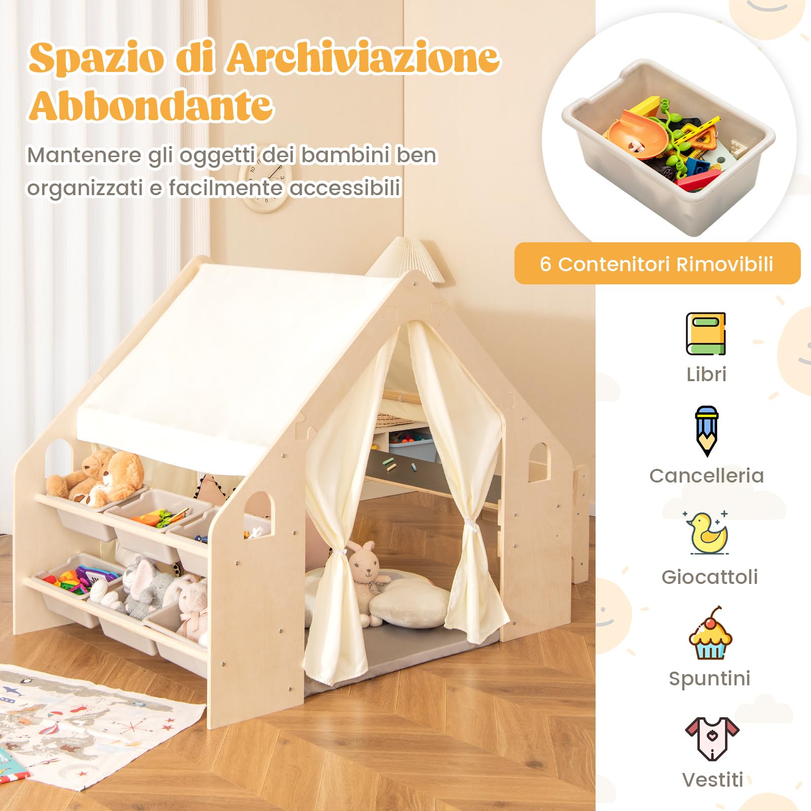 COSTWAY 6 in 1 Tenda per Bambini in Legno, Tenda Casetta da Gioco con Tavolo e Sedia, con Tappetino Lavagna e 6 Scatole Portaghiochi, Capanna per Bambini (Beige 98 x 145 x 113 cm)