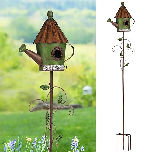 BAYN 57” Bird Houses Stake for Outside, Metal Watering Can