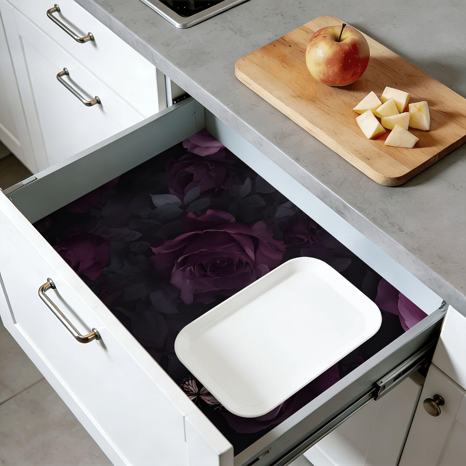 Rivestimento autoadesivo per mensole e armadietti, motivo floreale viola, 45 cm x 3 m, carta da parati autoadesiva per mobili da cucina e cassetti