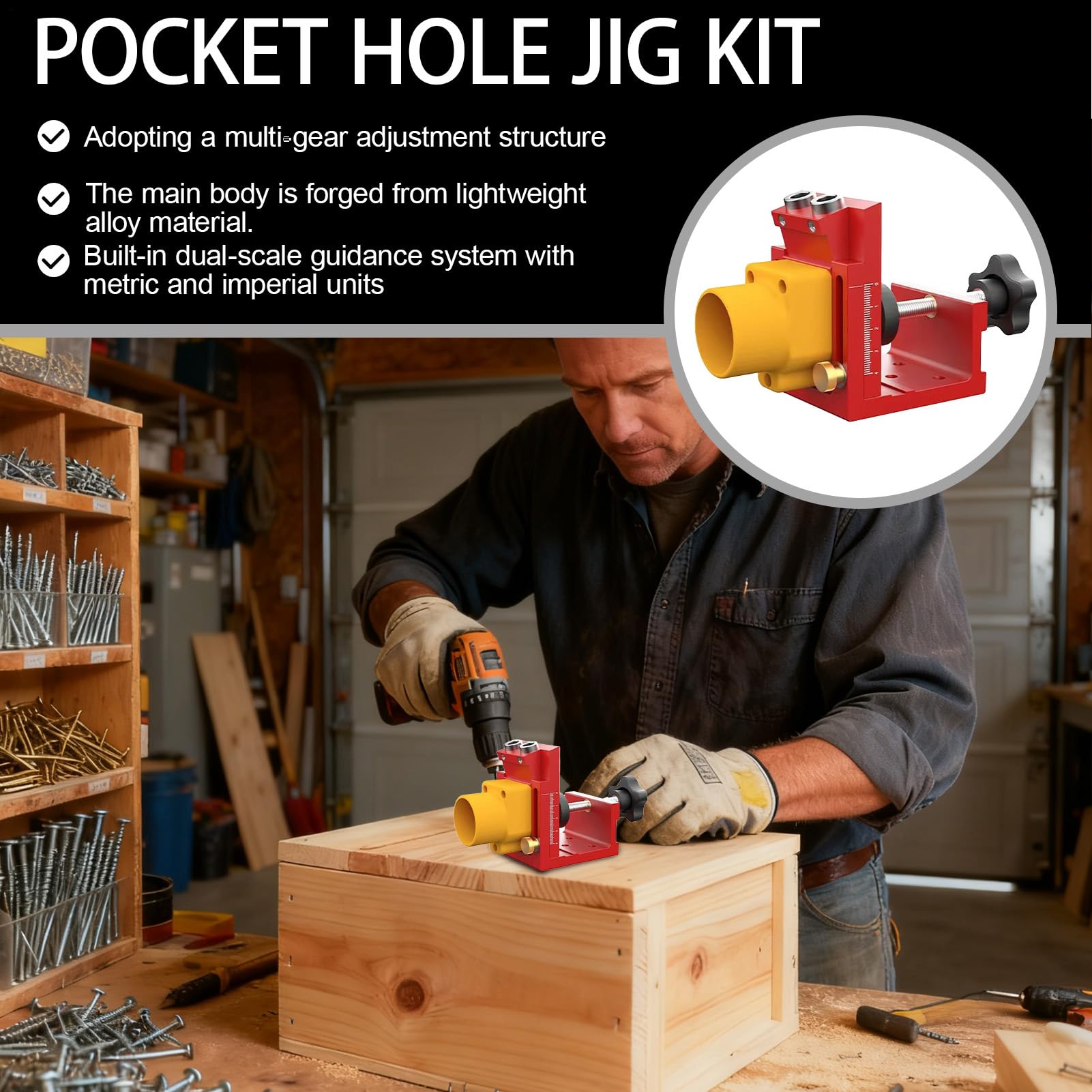 Pocket Hole Jig Kit, regulowany przewodnik po wierceniu drewna z systemem zbierania kurzu, precyzyjna lokalizator do montażu szafek, biurka i mebli, hobby lub projektów