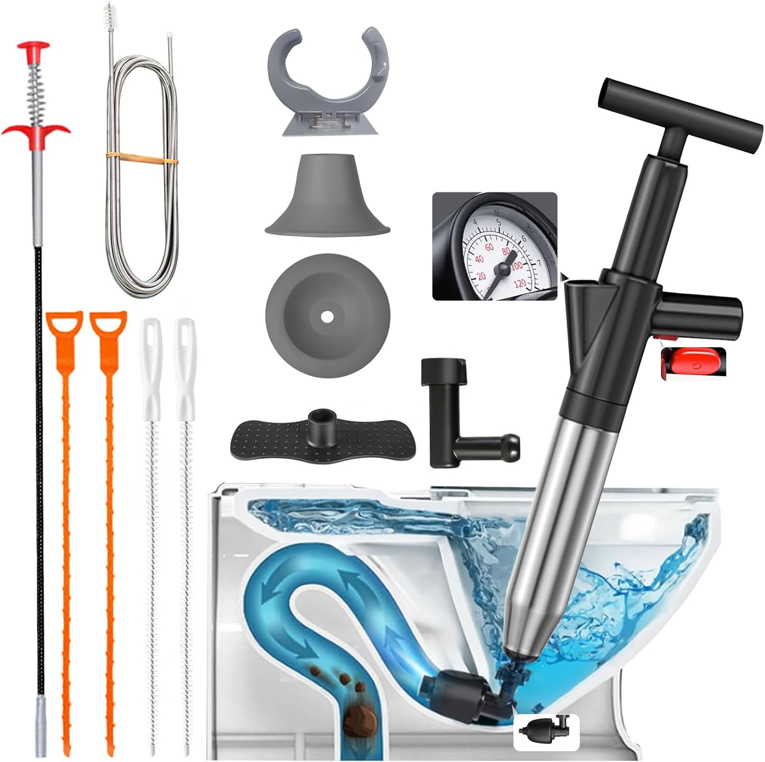 Toilet Plunger Heavy Duty, 13 Piece Toilet Plunge Blaster, Drain Snake Hair Drain Clog Remover High-Pressure Air Plungers for Bathroom, Unclog Toilet, Clogged Sink Pipes and Refrigerator