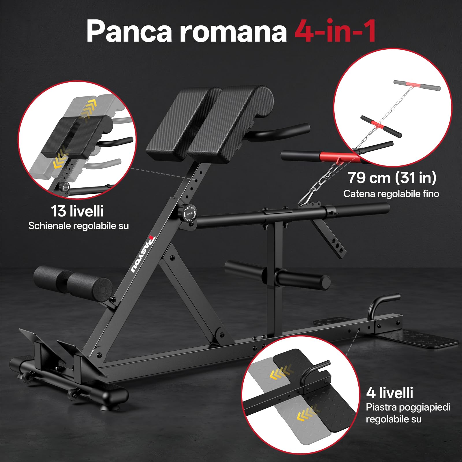 PASYOU panca romana regolabile 4-in-1 per iperestensioni, squat, stacchi, Include cintura da sollevamento, compatibile con dischi 1" e 2", Ideale per home gym