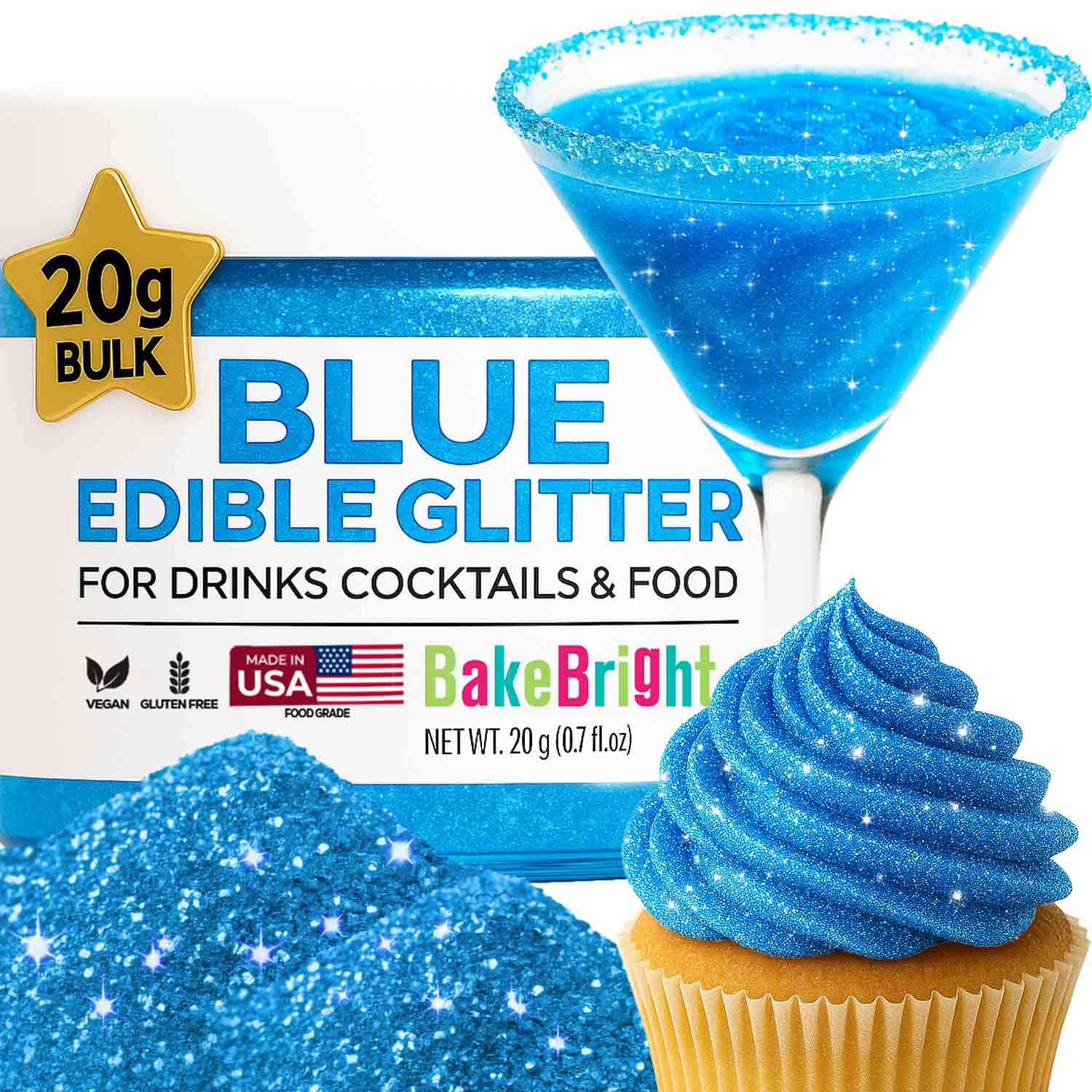 Blue Edible Glitter for Drinks Bulk 20g | Premium Edible Glitter for Cakes, Cocktails, Blue Cake Decorating Decorations Food Grade, Vegan, Kosher, Halal, Gluten Free - Made in USA