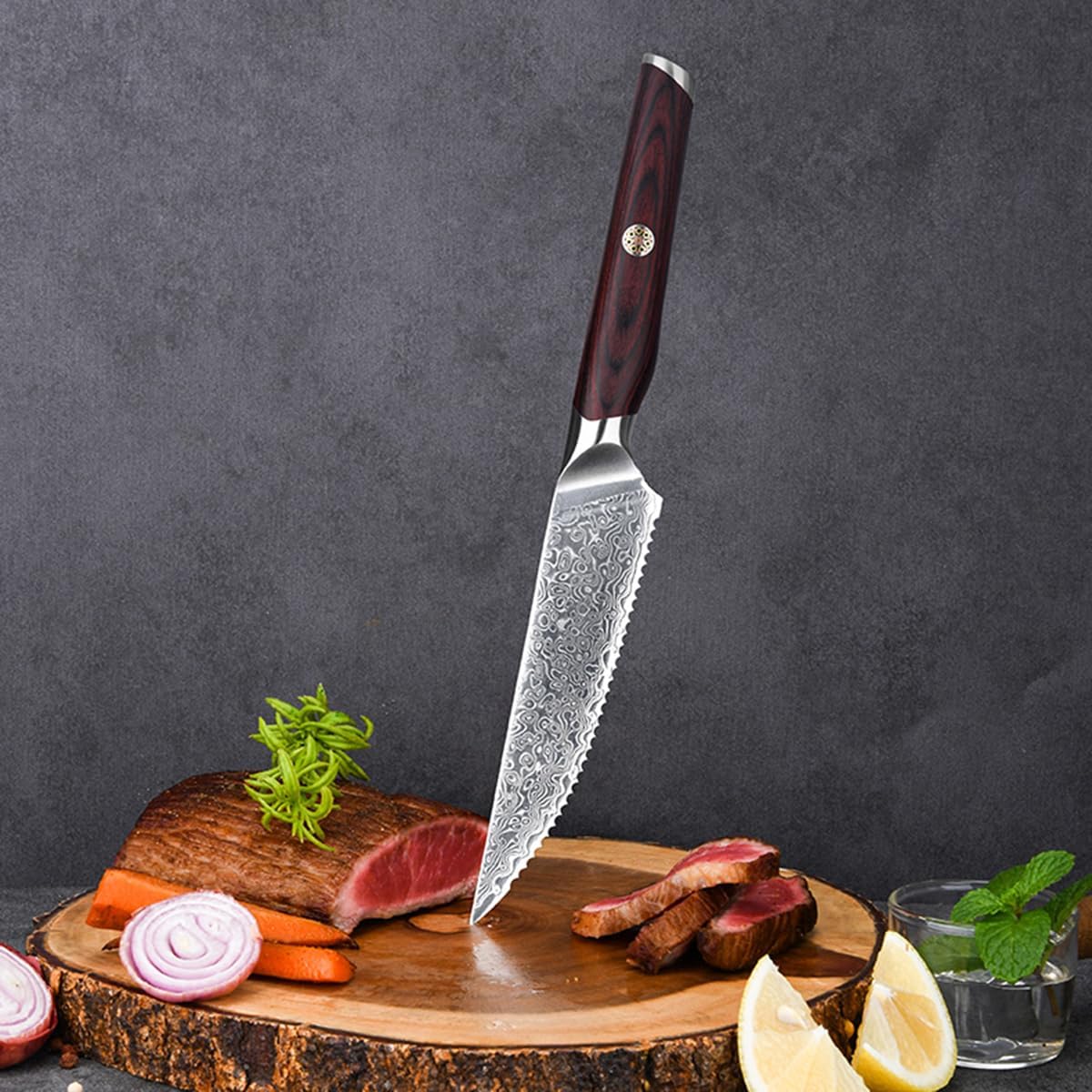 Steak Knife Set of 4,Damascus VG10 Kitchen Steak Knife with Dark Brown Wood Handle,Razor Sharp,Exquisite Box Package,Ideal for Home Restaurant Party