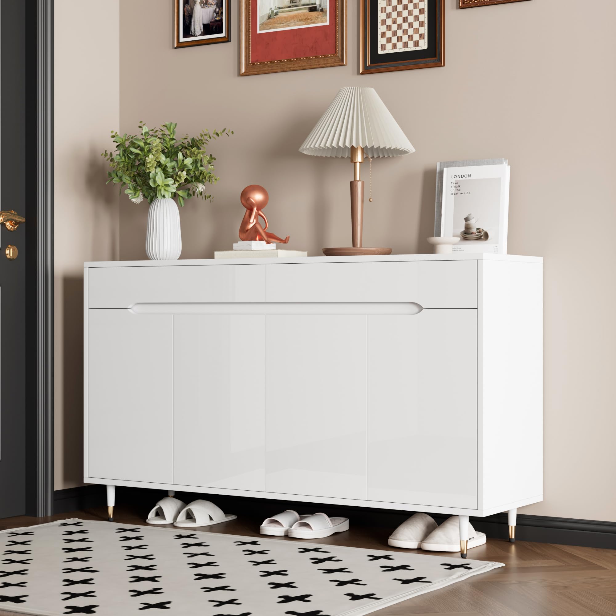 Zapatero moderno con dos puertas, dos cajones, estantes ajustables y patas doradas, espacio para 18-24 pares de zapatos, 140 x 39 x 84 cm (largo x ancho x alto)