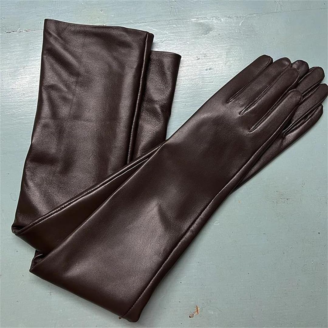 Damen Lange Schaffell Lederhandschuhe Echtes Leder Warm Winter Mode Braun Elegant Stil